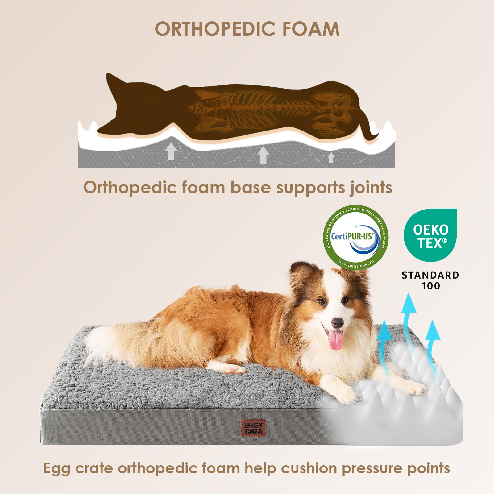 EHEYCIGA Orthopedic Foam Dog Bed, XXL 47x29x3.5, Light Grey - Comfortable Support for Large Dogs