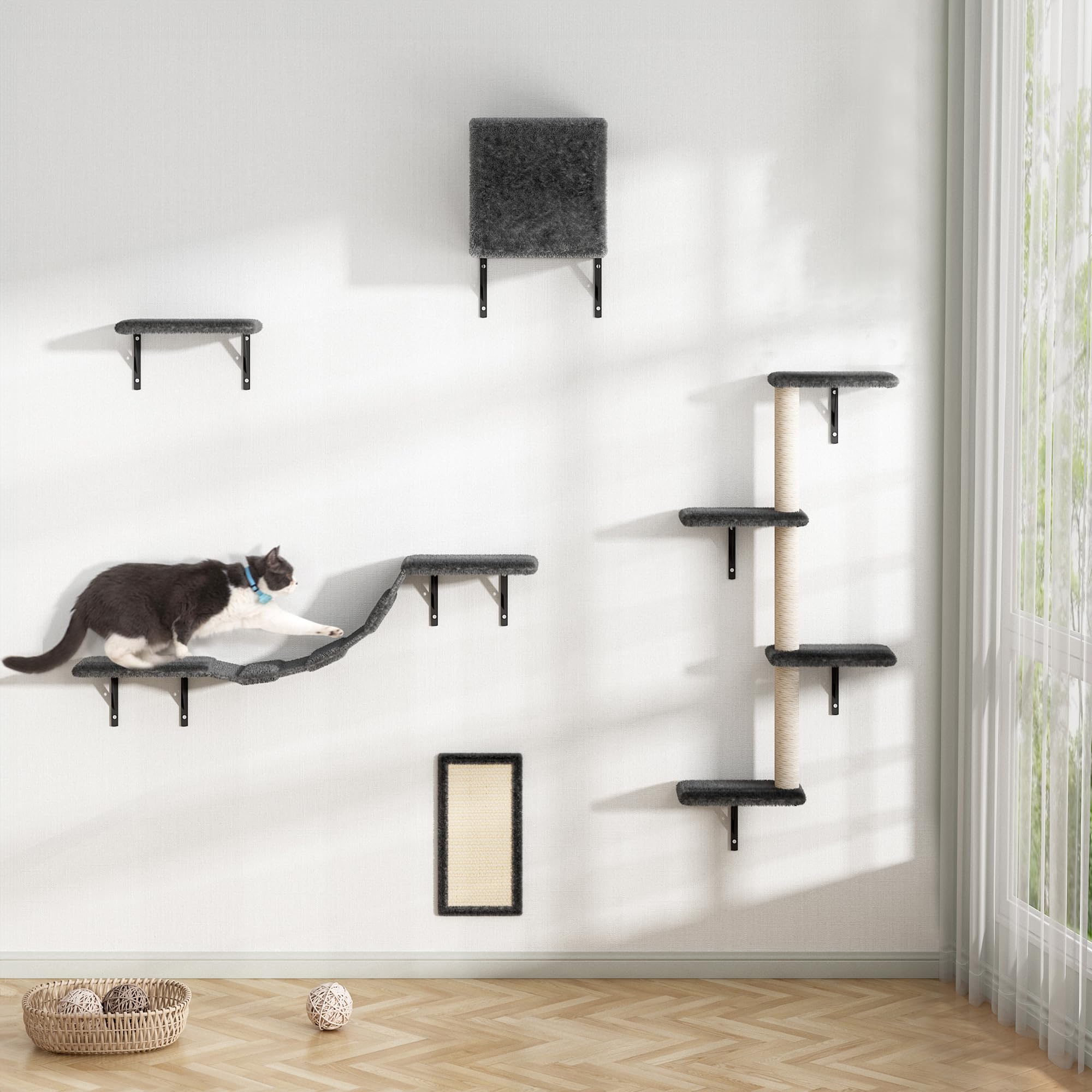 COZIWOW Cat Wall Shelves and Mounted Perches, Cat Climber Set with 5pcs Including Cat Scratching Post, Hanging Bed, House, Steps