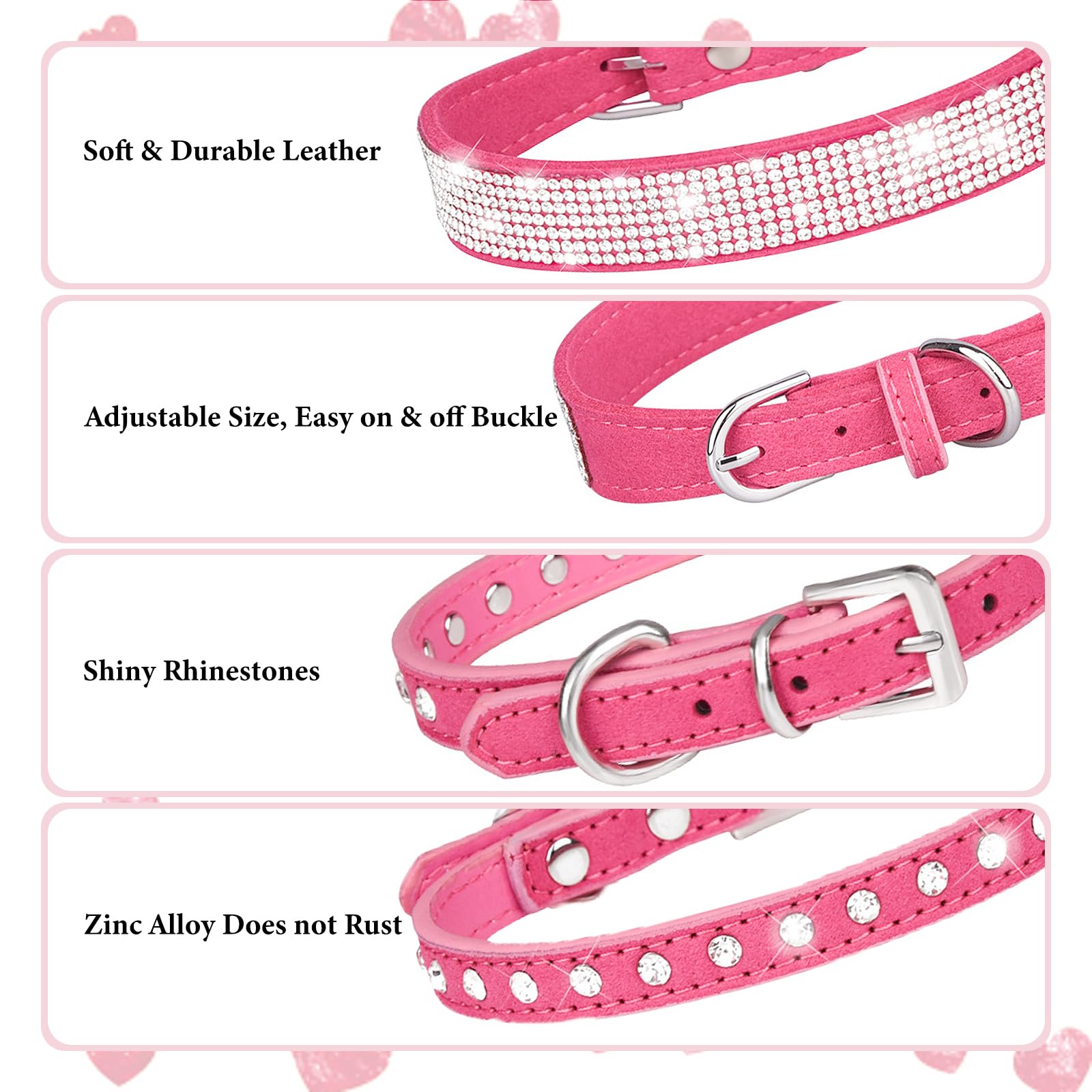 Hot Pink Sparkly Dog Collars For Small Dogs, 2-Pack Bling Diamond Dog Collar Soft Suede Glitter Rhinestone Jewelry Crystal Femal