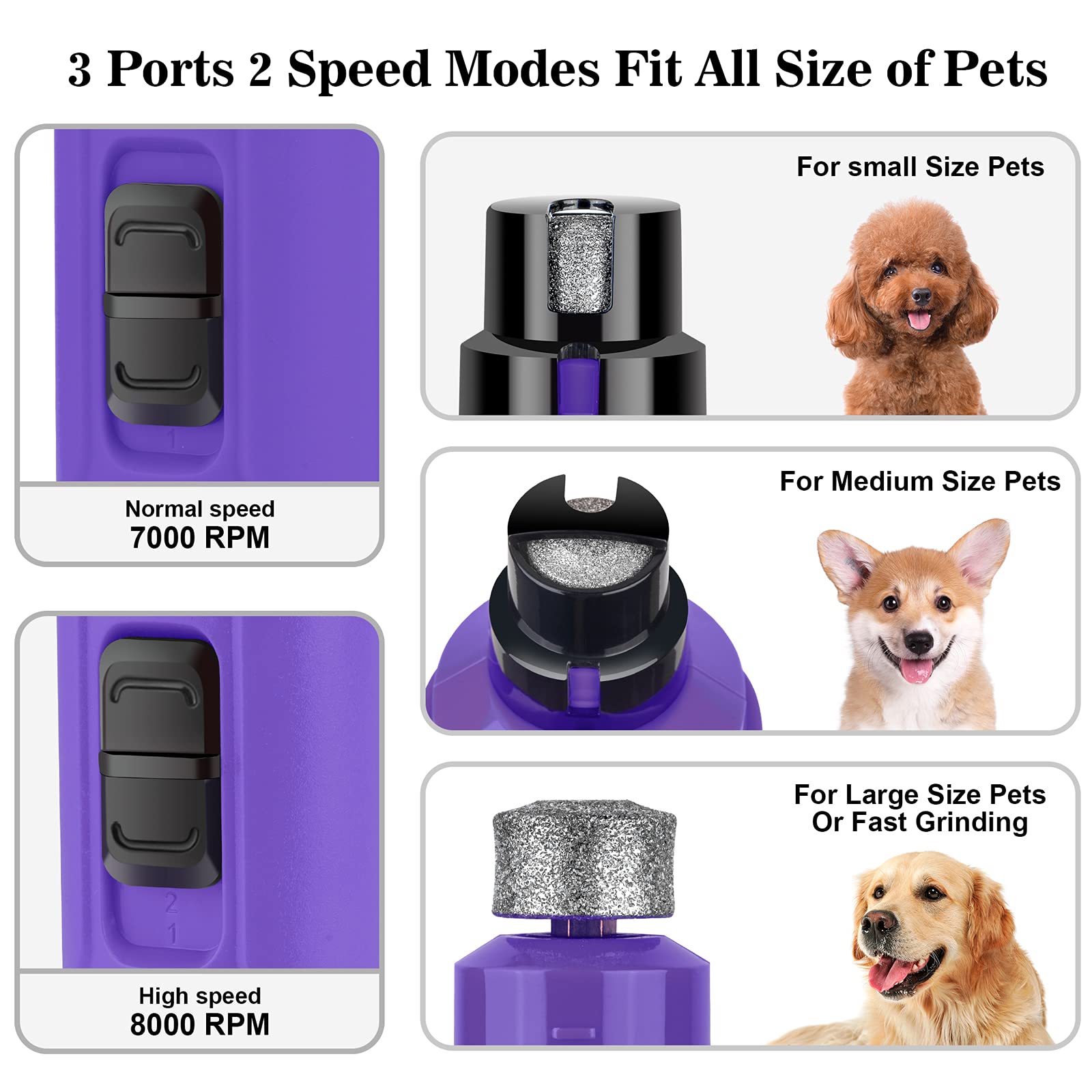 Bousnic Dog Nail Grinder With 2 Led Light - Super Quiet Pet Nail Grinder Powerful 2-Speed Electric Dog Nail Trimmer File Toenail Grinder For Puppy Small Medium Large Breed Dogs & Cats (Purple)