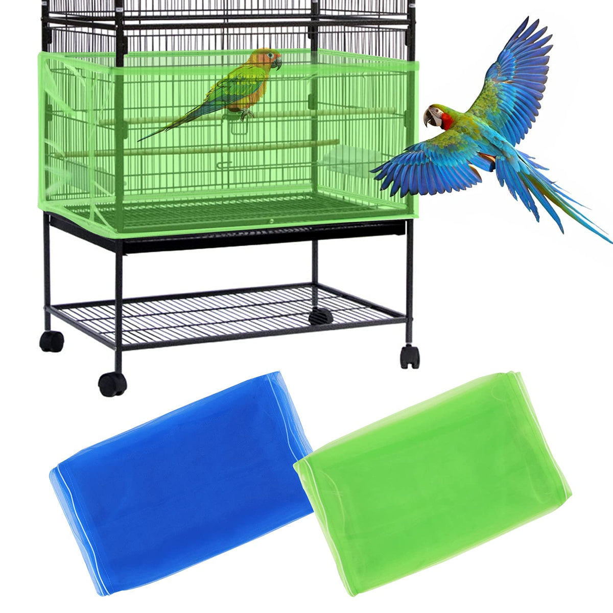 Daoeny 2Pcs Large Bird Cage Cover, Bird Cage Seed Catcher, Adjustable Soft Airy Nylon Mesh Net, Birdcage Cover Skirt Seed Guard For Parrot Parakeet Macaw African Round Square Cages (Blue + Green)