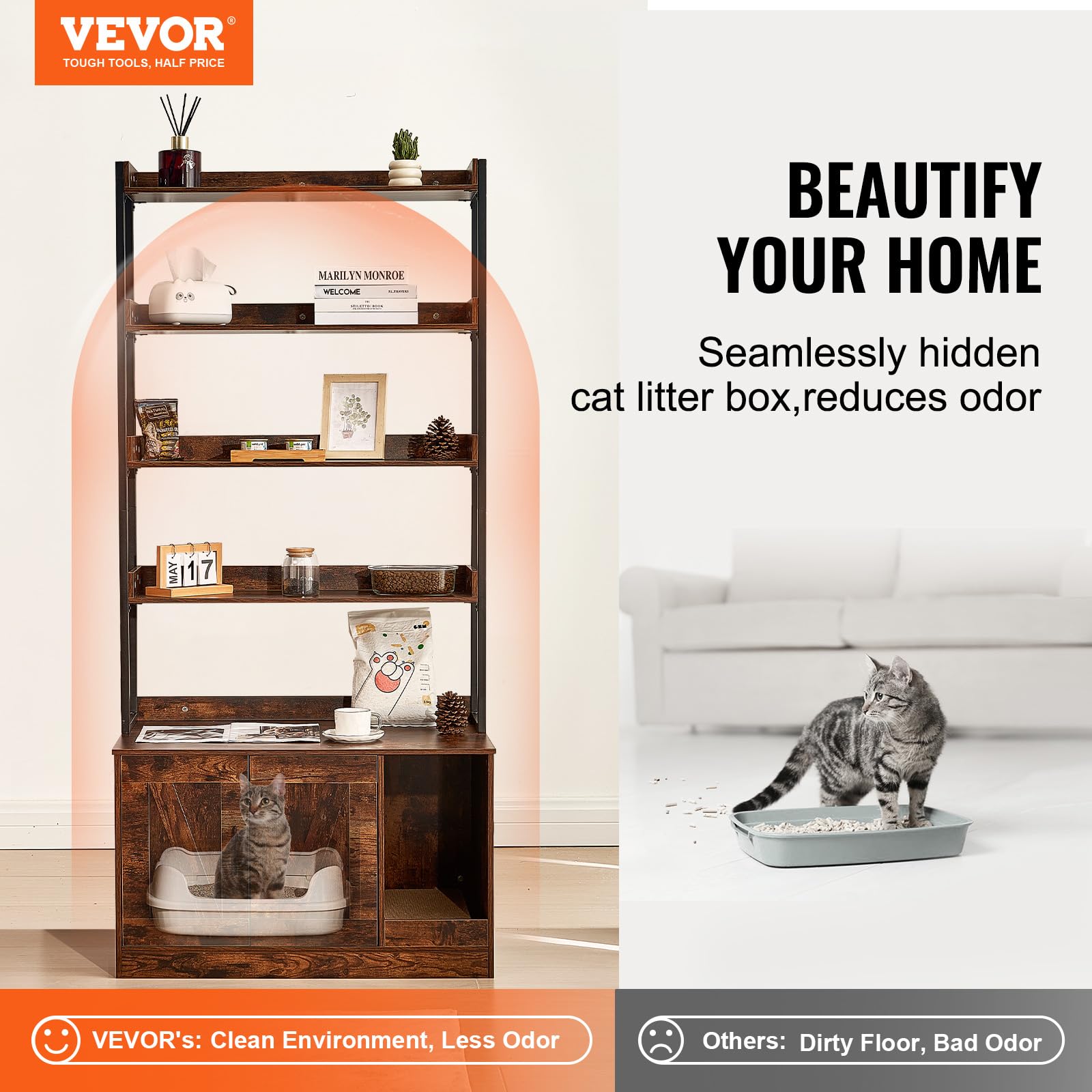 VEVOR Cat Litter Box Enclosure, Hidden Cat Box Furniture with 4 Storage Shelves, Large Cats House Cabinet Hidden Fit Most Litter