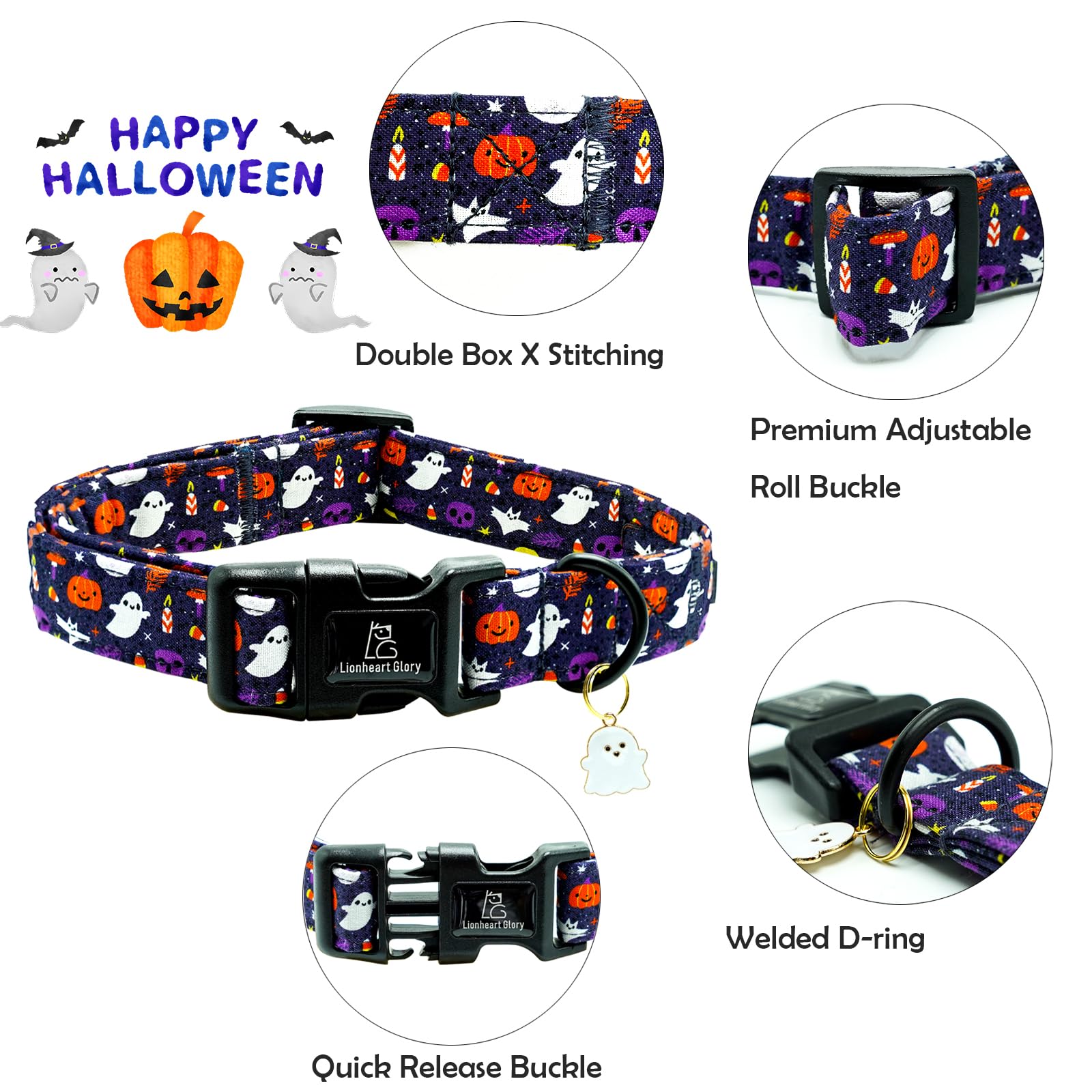 Lionheart Glory Dog Collars Fall Halloween Pumpkin Collar Dog Heavy Comfortable Adjustable Dog Collar For Large Dogs, Ghost, Pum