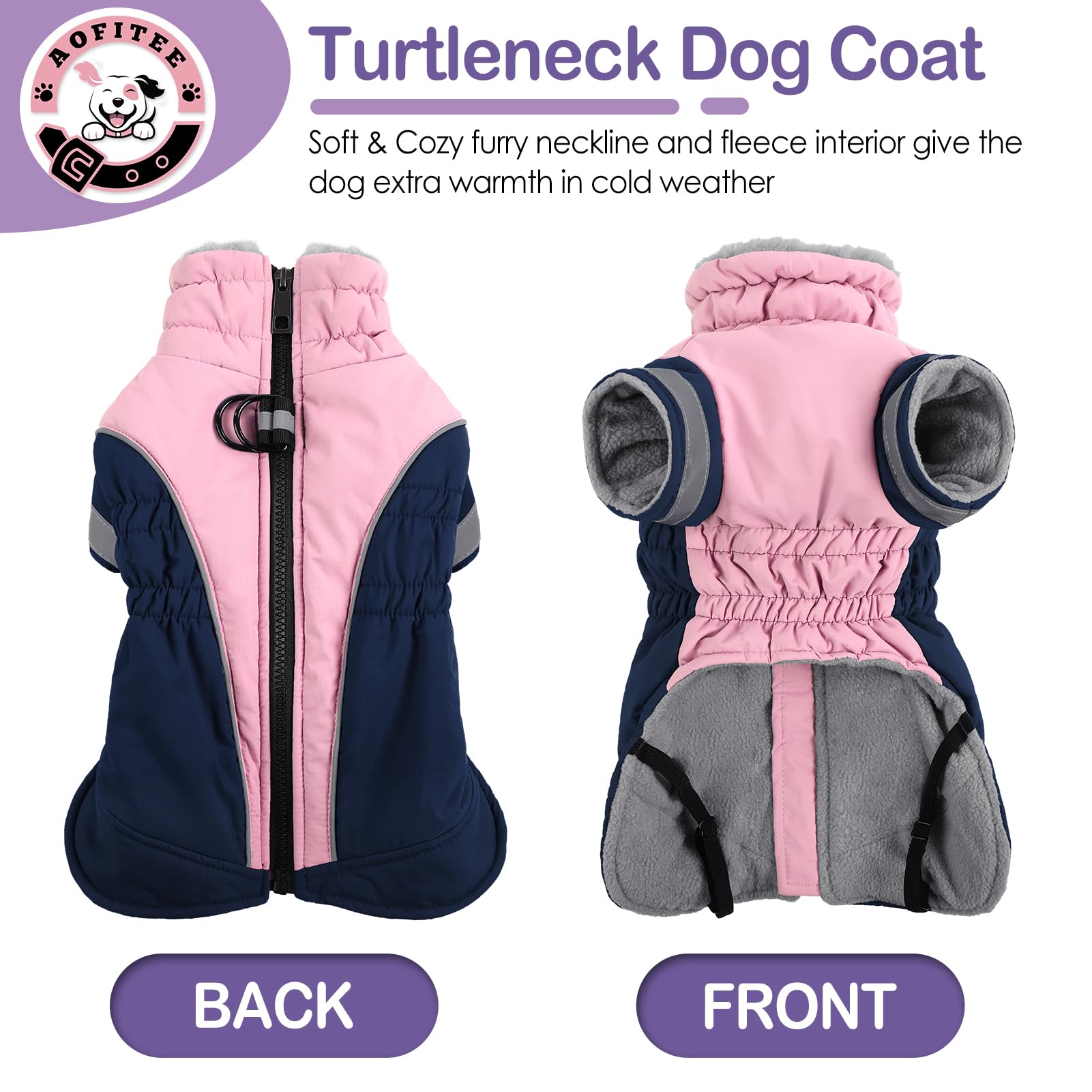 AOFITEE Dog Coat Warm Dog Winter Jacket for Small Dogs, Windproof Dogs Winter Coat with Harness Built in, Turtleneck Fleece Pet