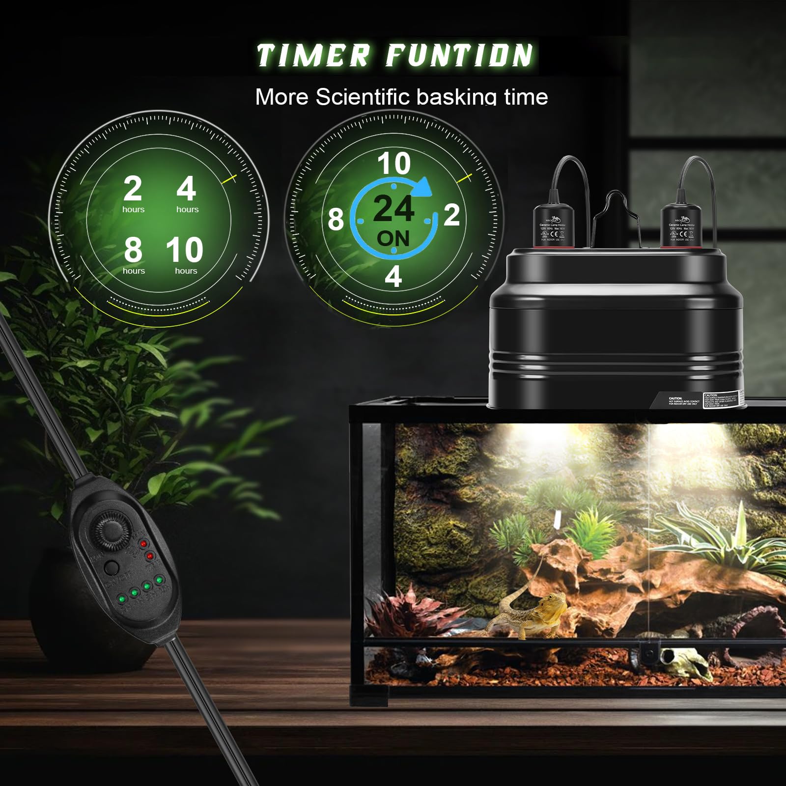 Mecesor Reptile Dual Light Fixture With Dimming Switch And Timer, Deep Dome Reptile Heat Lamp Fixture Double Uvb Light Fixture,