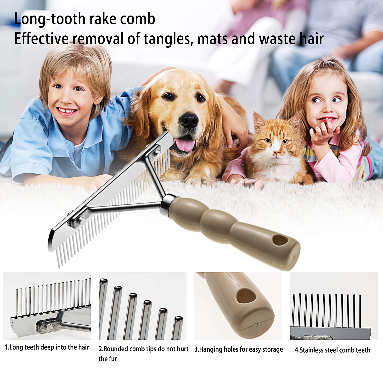 Dog Rake For Undercoat, Pet Grooming Set Long-Tooth Metal Brush & Stainless Steel Shedding Comb For Big Dogs Long-Haired Cats Ho