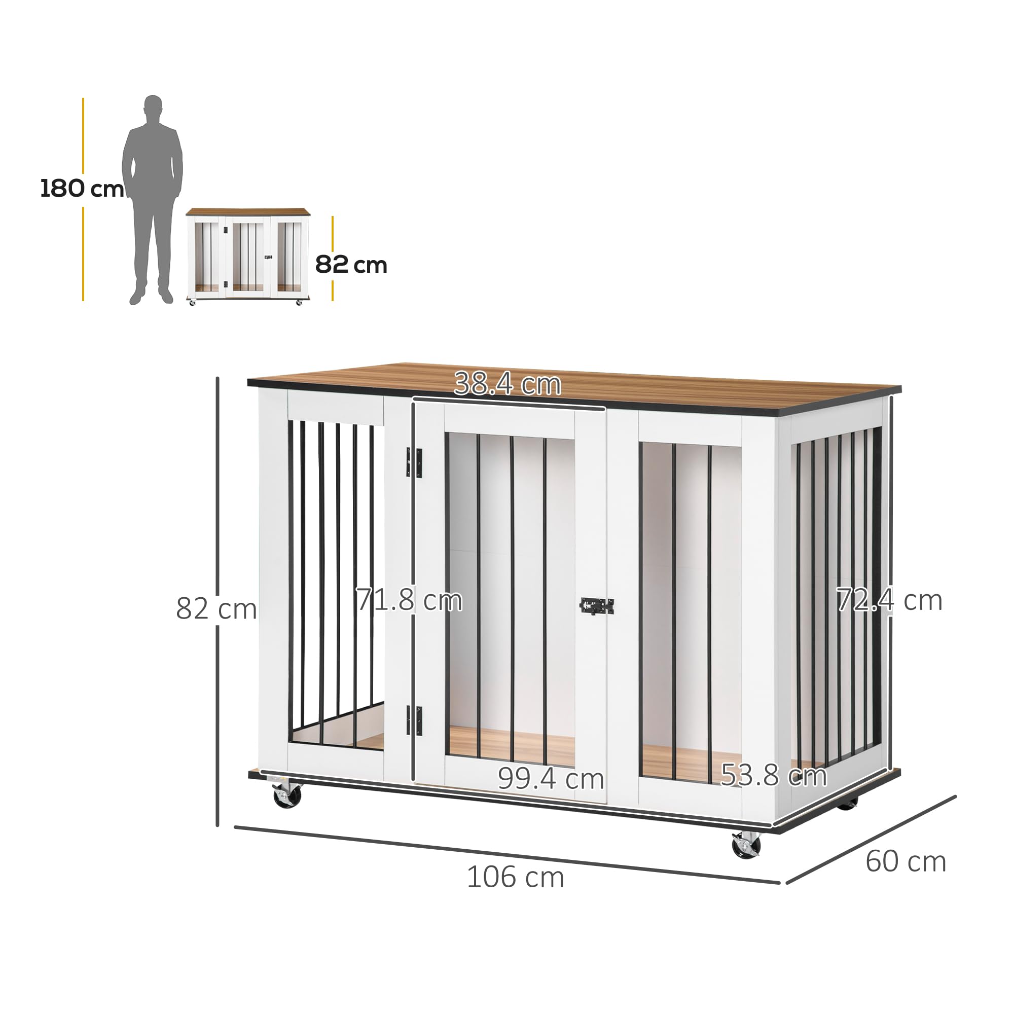 PawHut Dog Cage End Table - Lockable Door, Engineered Wood, 106cm L x 60cm W x 82cm H, White, Model D02-086