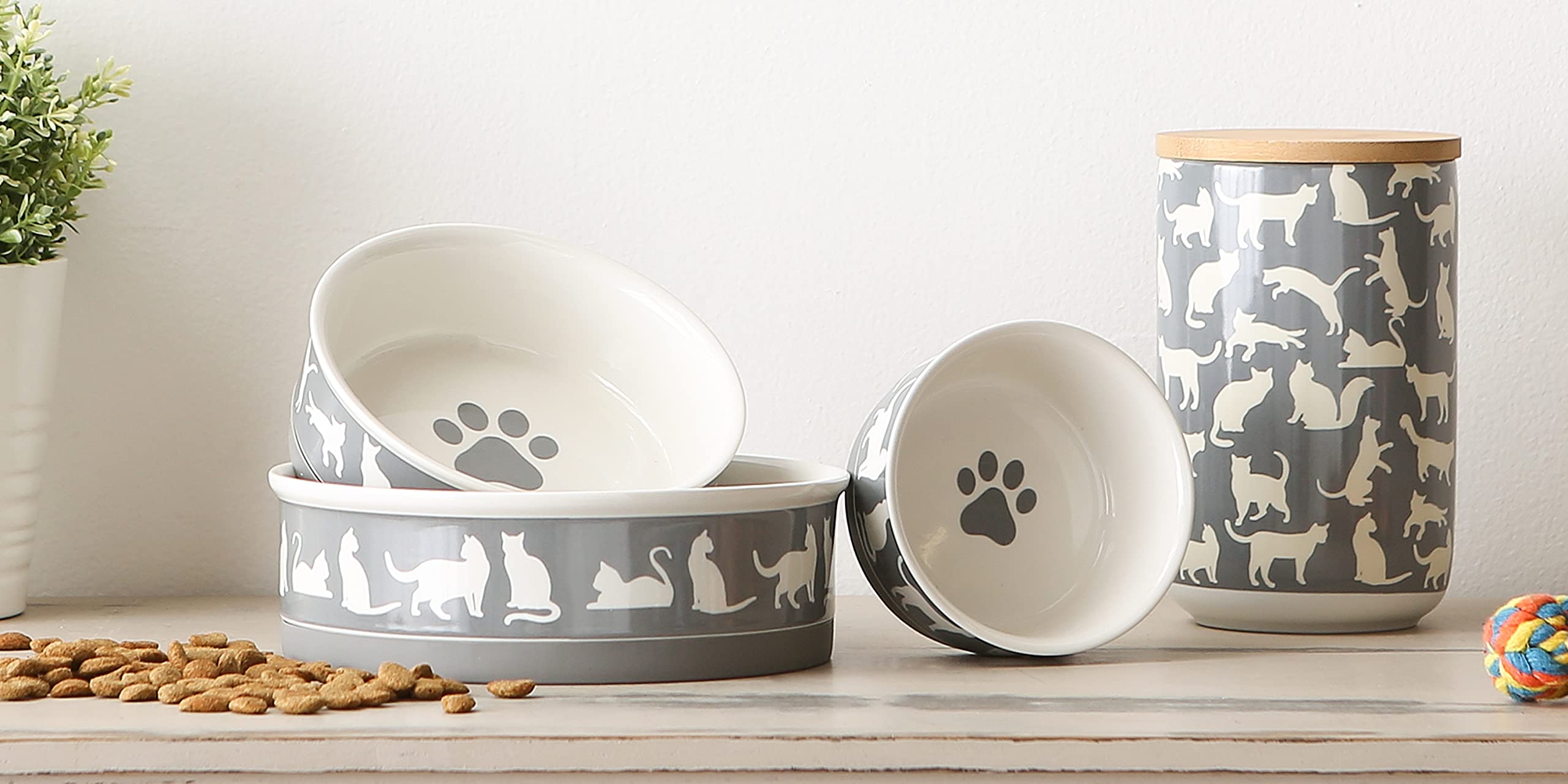 Bone Dry Ceramic Treat Jar for Cats and Dogs, Bamboo Lid, Dishwasher Safe Canister, 4x6.5, Gray, Cat Treats