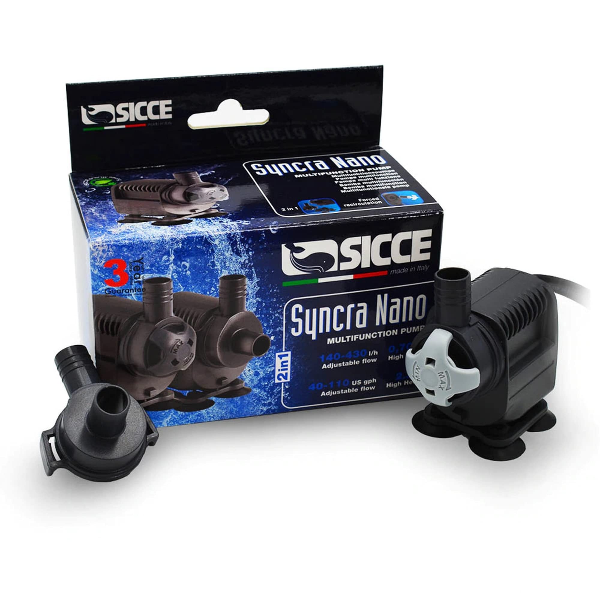 Sicce Syncra Silent Nano Multifunction 110 Gph Submersible Water Pump | Italian Made 2.8W Ultra Quiet Durable Aquarium Fish Tank, Fountain, Pond, Hydroponics, Terrarium Black | Freshwater & Saltwater