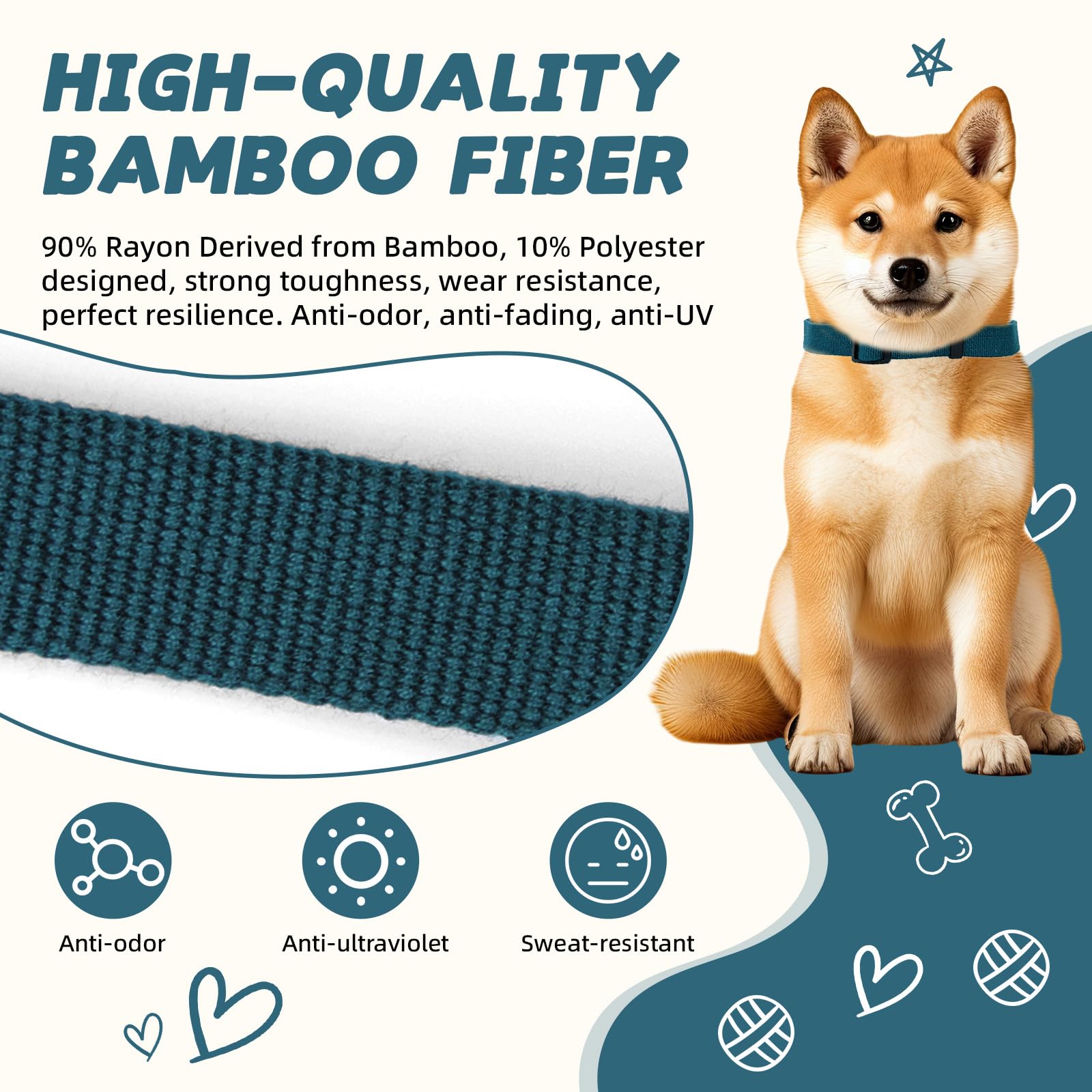 Peacock Blue Dog Collar And Leash Set For Large Dogs Soft And Breathable Of 90% Rayon From Bamboo And 10% Polyester Comfortable