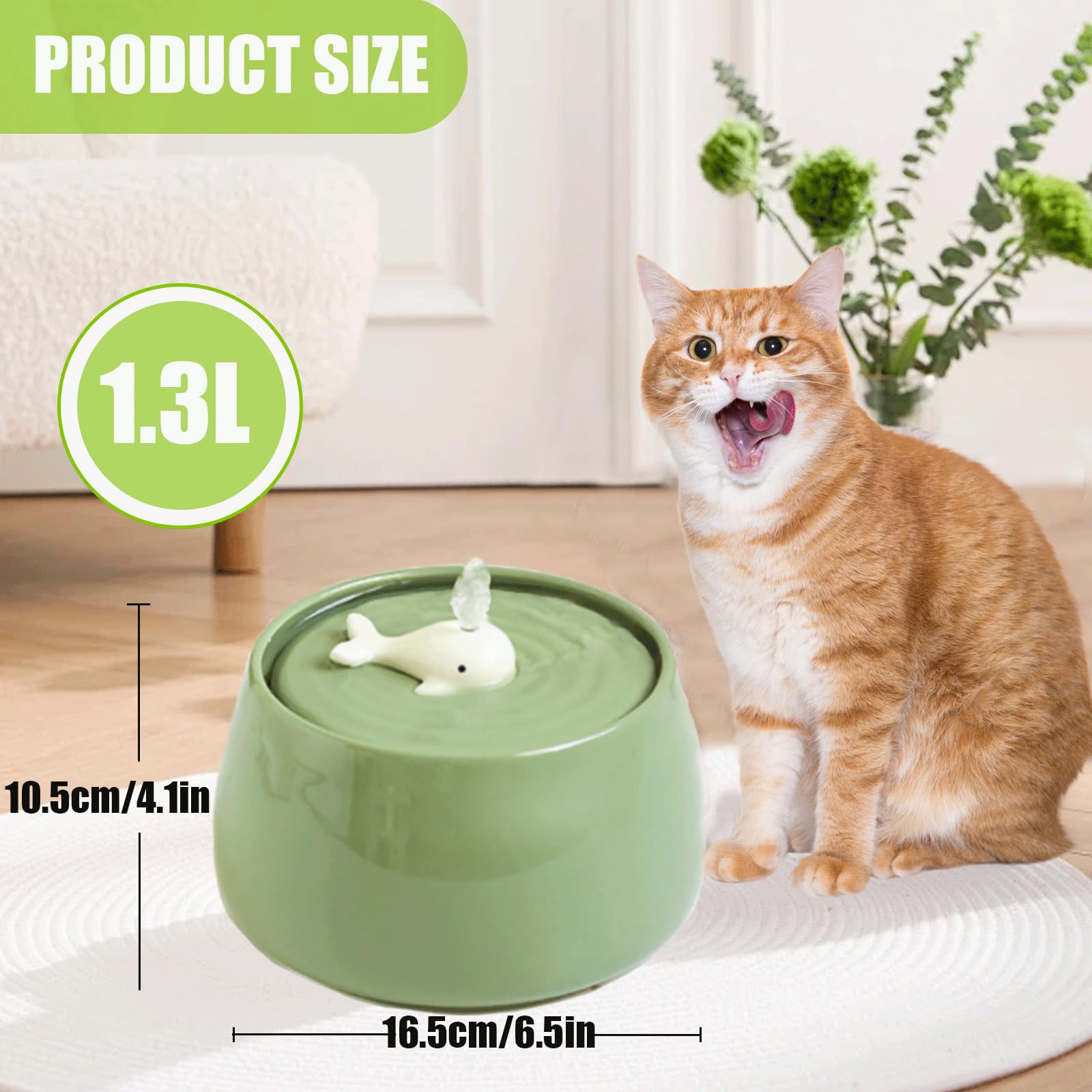 Ceramic Cat Water Fountain, 45Oz/1.3L Porcelain Cat Water Dispenser, Automatic Pet Water Fountain With Ultra-Quiet Pump, Perfect