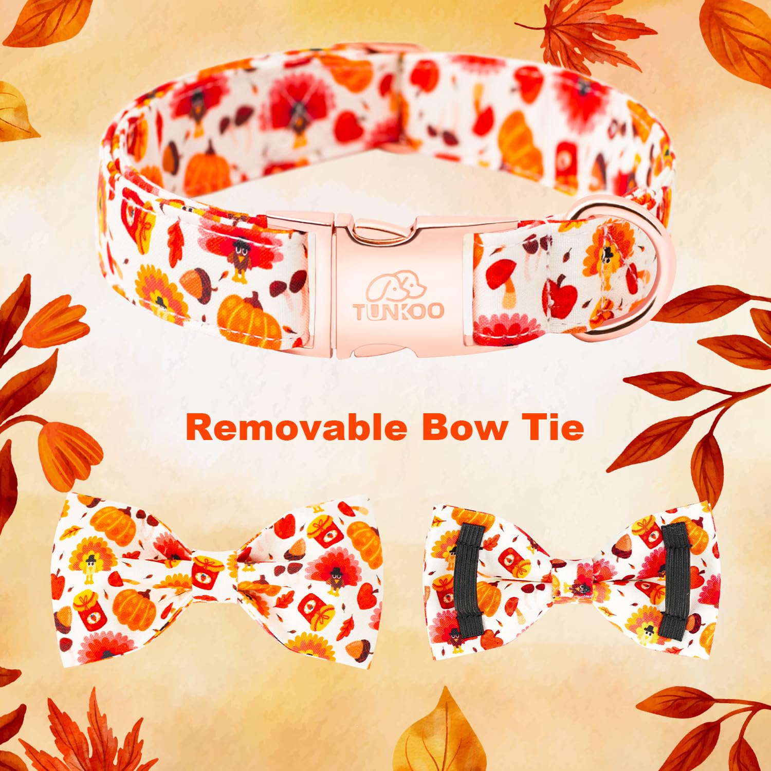 Tunkoo Dog Collar With Cute Bow Tie Pumpkin And Turkey Pattern - Durable, Adjustable And Stylish Thanksgiving Pet Collar, Availa