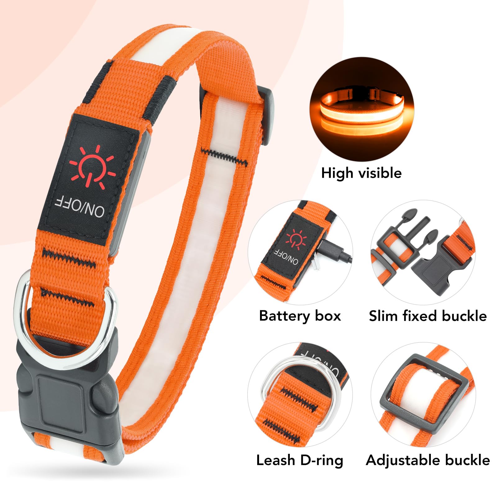 Vizpet Led Dog Collar, Light Up Dog Collar Adjustable Usb Rechargeable Super Bright Safety Light Glowing Collars For Dogs(Medium,Orange)