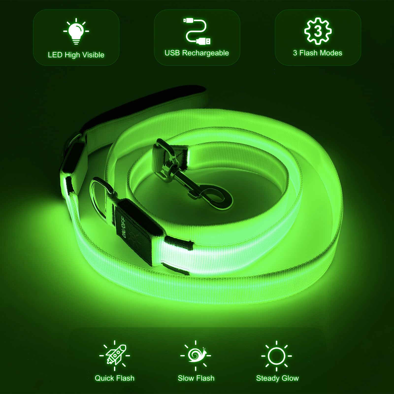 Colaseeme LED Dog Leash Light Up Dog Leash 6 Feet Micro USB Rechargeable Nylon Webbing Glow Safety Standard Dog Leashes for Dogs