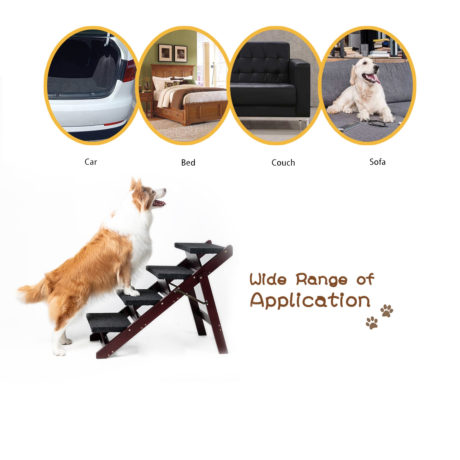 Mewang Wooden Pet Stairs/Pet Steps - 2-In-1 Foldable Stairs & Ramp For Beds And Cars - Portable Dog/Cat Ladder Up To 110 Pounds - Great For Small And Older Animals(Brown)