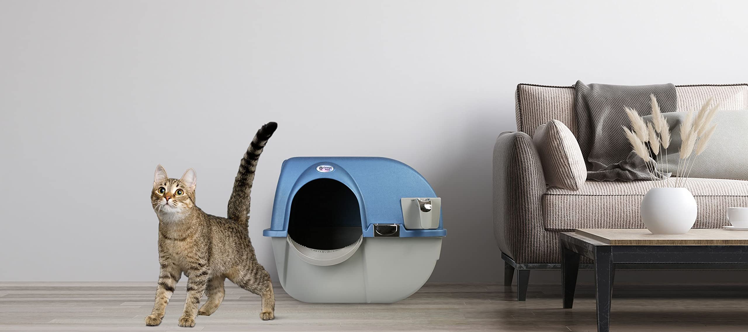 Omega Paw Premium Roll 'n Clean Litter Box, Large, Peral Blue, Model PR-RA20-1, Durable Polypropylene Material