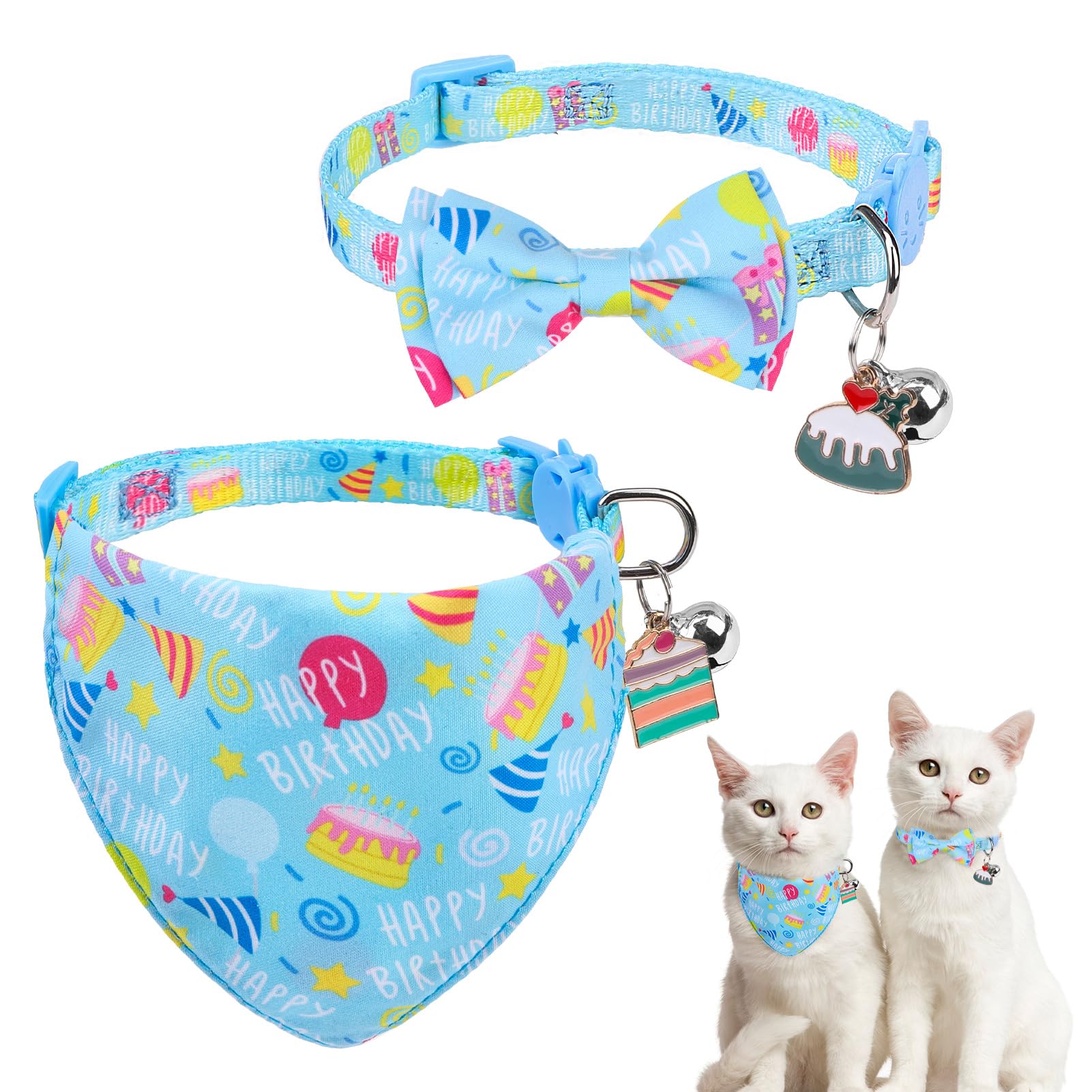 Scenereal Cat Bandana Collars For Birthday - 2 Pack Breakaway Kitten Collars With Bell Bowtie, Accessories For Pet Collars, Adju