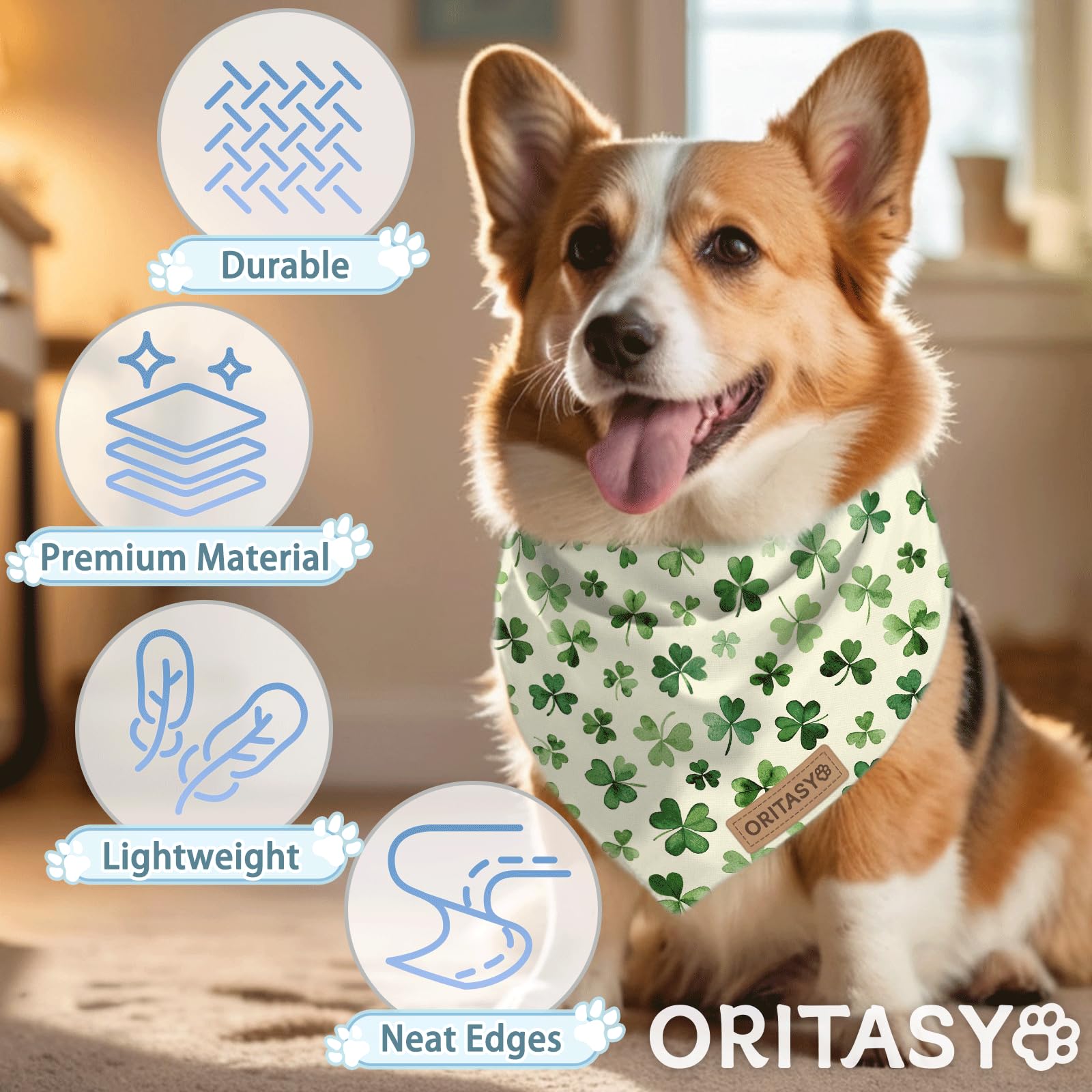 Oritasy St. Patrick's Day Dog Bandanas, 2-Pack Triangle Reversible Love Pet Scarves, Premium Fabric, Irish Bandana for All Dogs