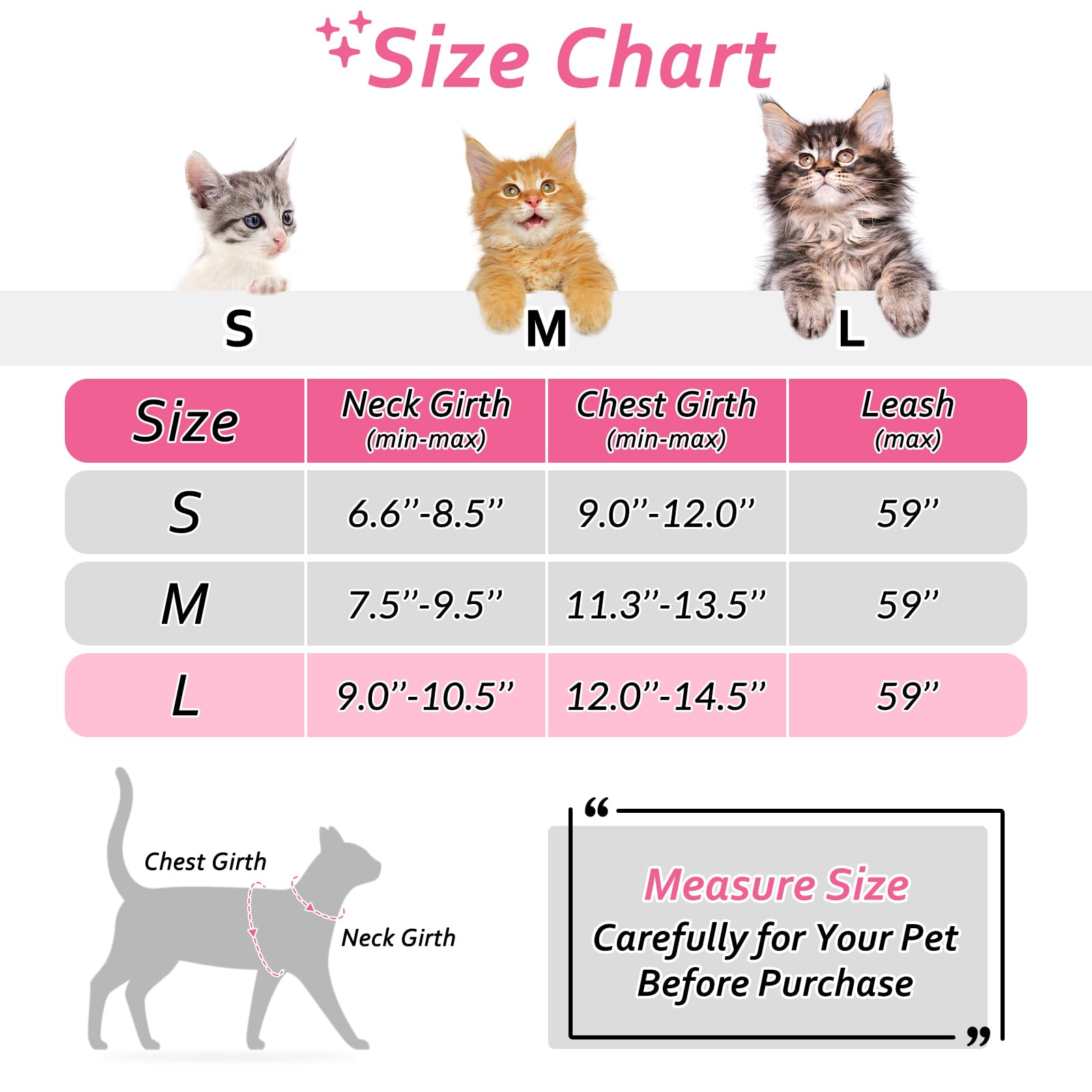 Catromance Cat Harness And Leash Set Escape Proof For Walking, Safe Adjustable Small Large Kitten Vest With Reflective Strip For Kitty, Easy Control Comfortable Soft Outdoor Harnesses, Pink, Large