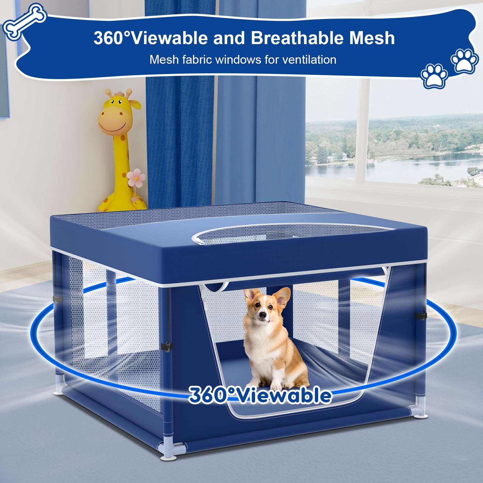 Xvishx 42X42X26 Inches Blue Puppy Playpen With Top Cover, Dog Playpen For Small Dogs, Sturdy Safety Dog Pen With Thickened Fabri