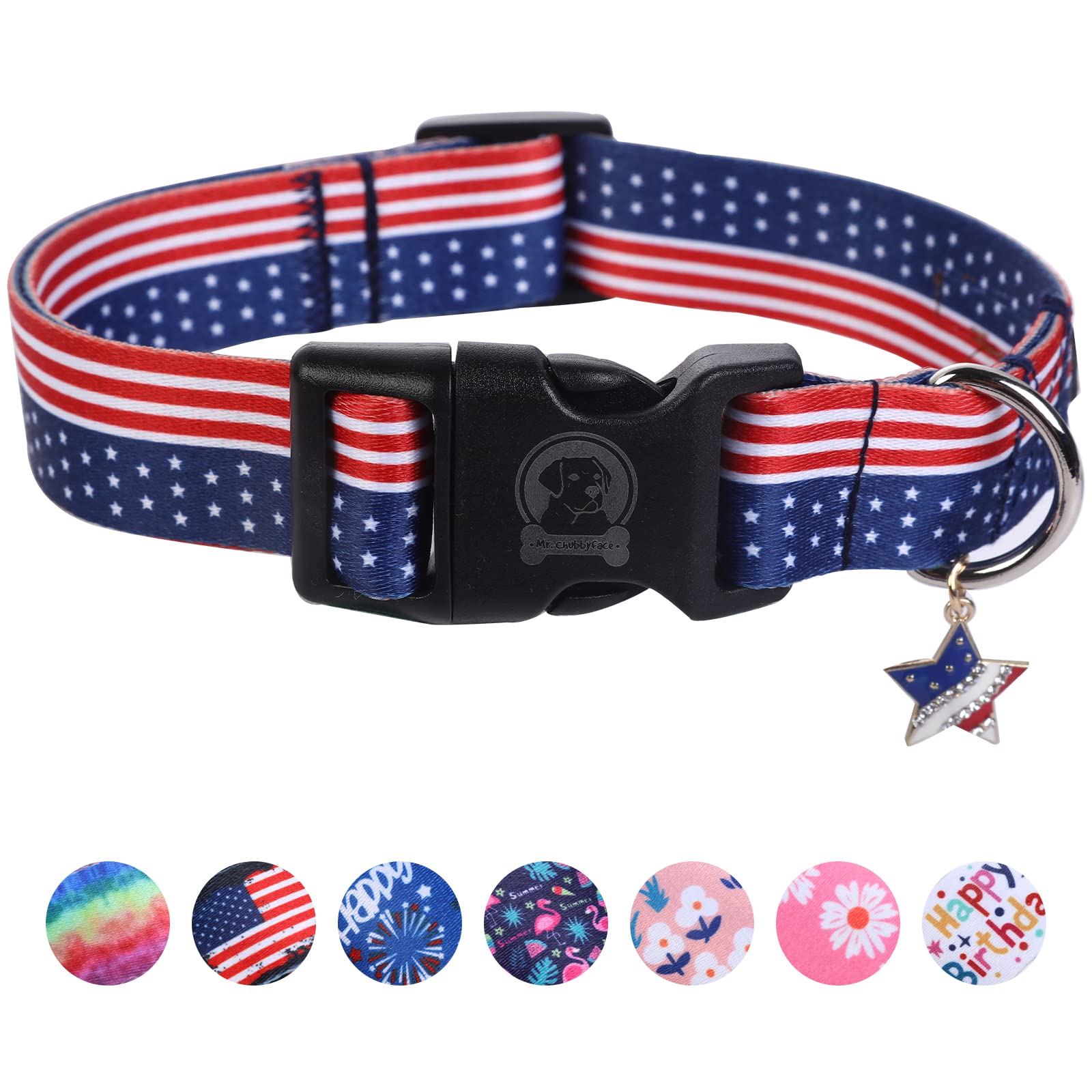 Mr. Chubbyface American Flag 4Th Of July Dog Collar Adjustable Pet Collar Independence Day Collar Red White And Blue Designer Pa