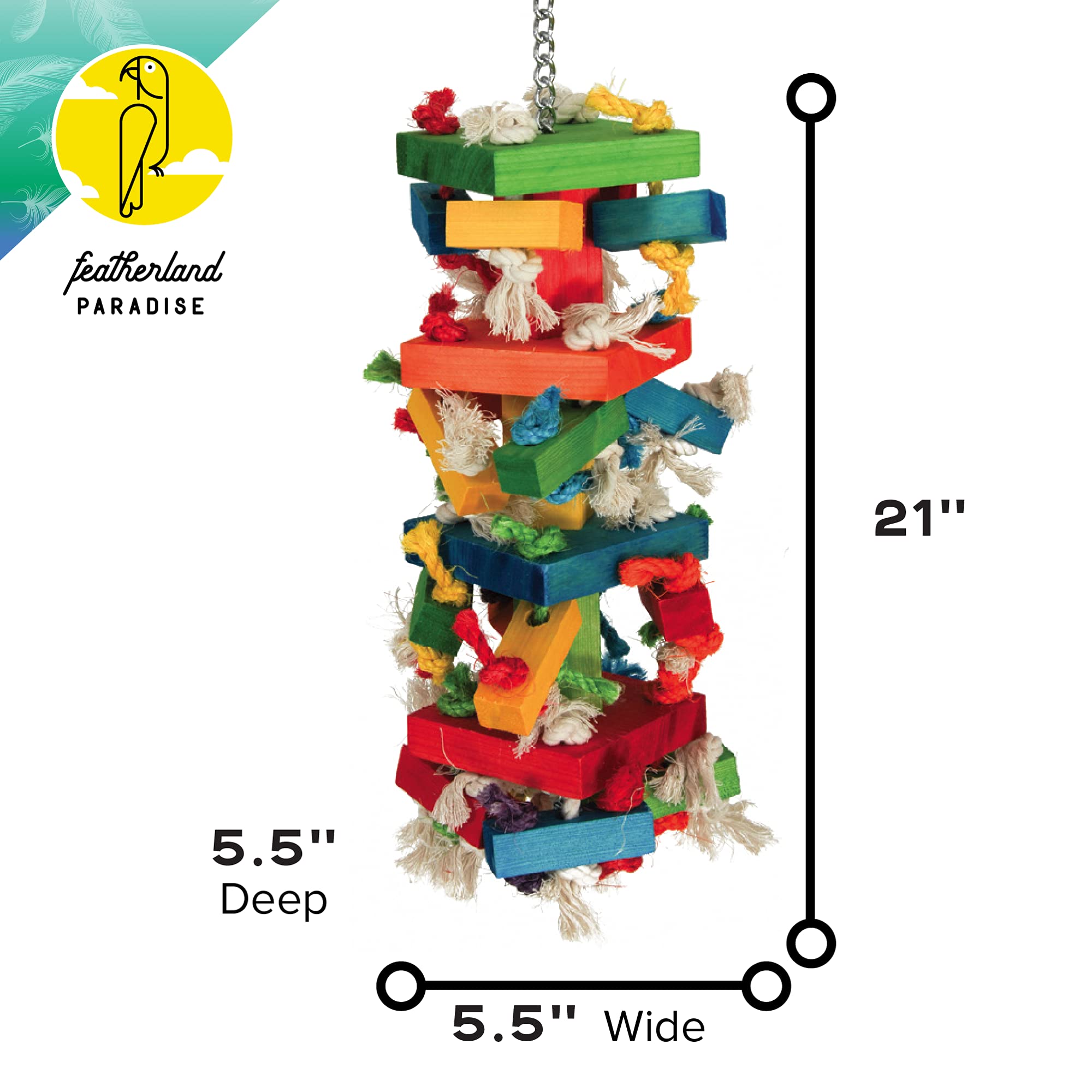 Featherland Paradise Knots N Blocks Bird Toy, Bird Toys, For Parrots, Cockatoos, Macaws, Very Large Birds And Big Beaks
