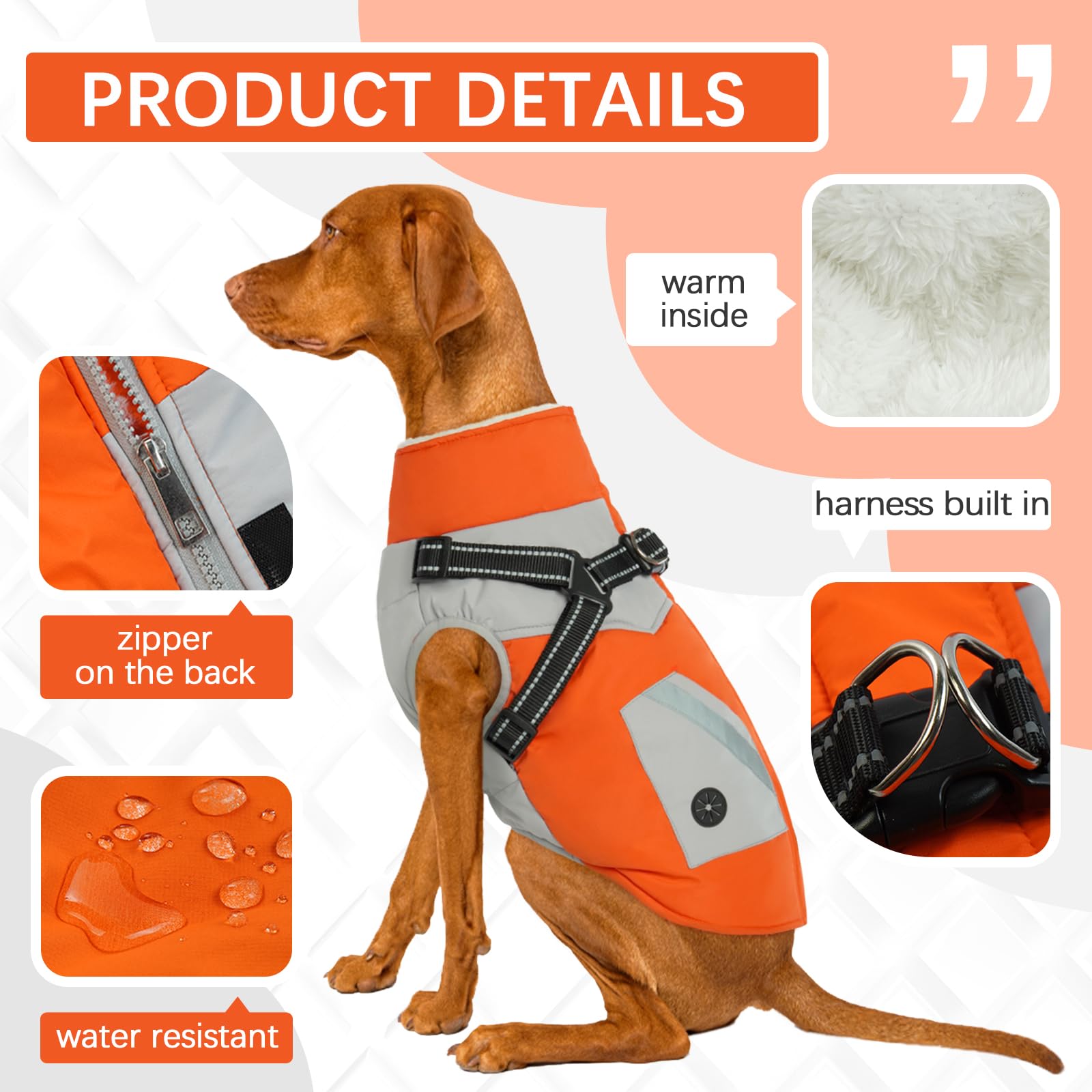 Fuamey Dog Jacket - Waterproof & Reflective Winter Coat With Built-In Harness & Zipper - Medium Orange With Poop Bag Pockets