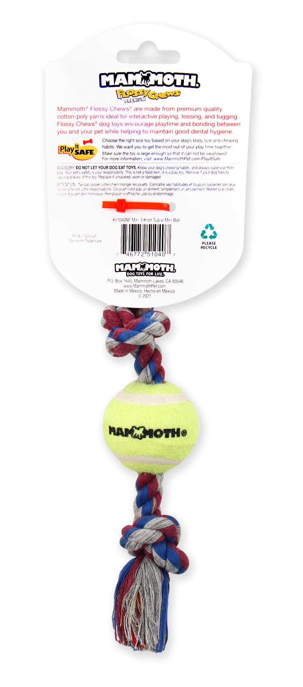 Mammoth Flossy Chews Color 3 Knot Tug W/Mini Tennis Ball - Premium Cotton-Poly Tug Toy For Dogs - Interactive - Rope Dog Toy For