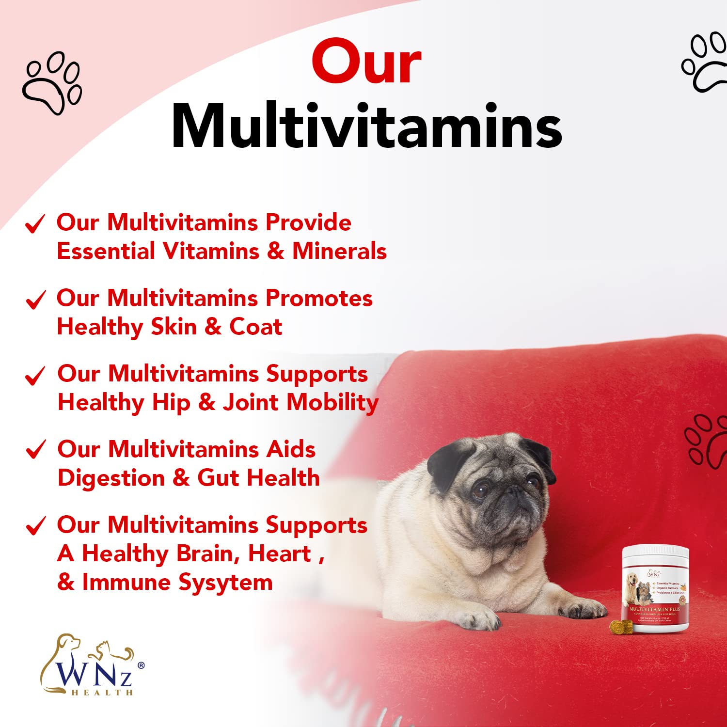 Dog Multivitamins and Supplements, Probiotics for Dogs w/Turmeric & Yucca, Probiotic Dog Chews for Brain Function, Gut & Immune