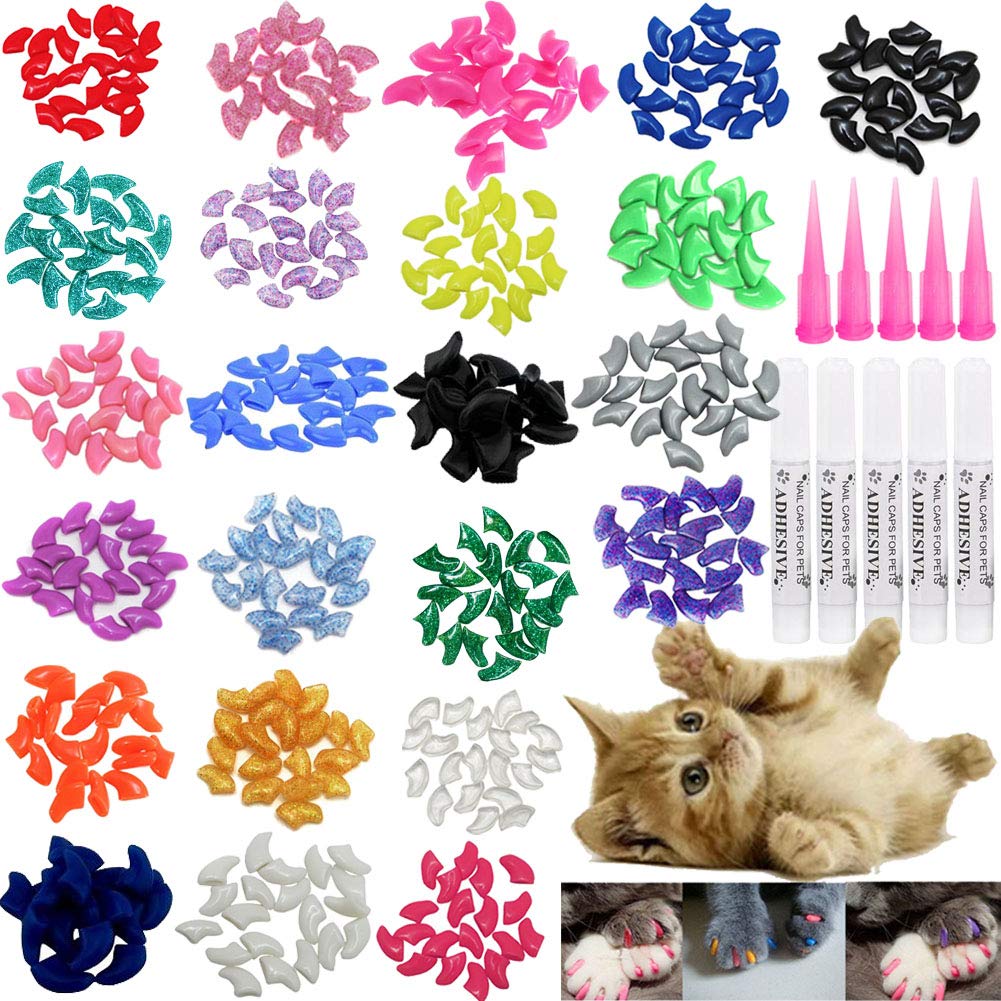Victhy 100Pcs Cat Nail Caps, Cat Claw Caps Covers With Glue And Applicators Size Small 5 Colors, 20 Pcs/Color