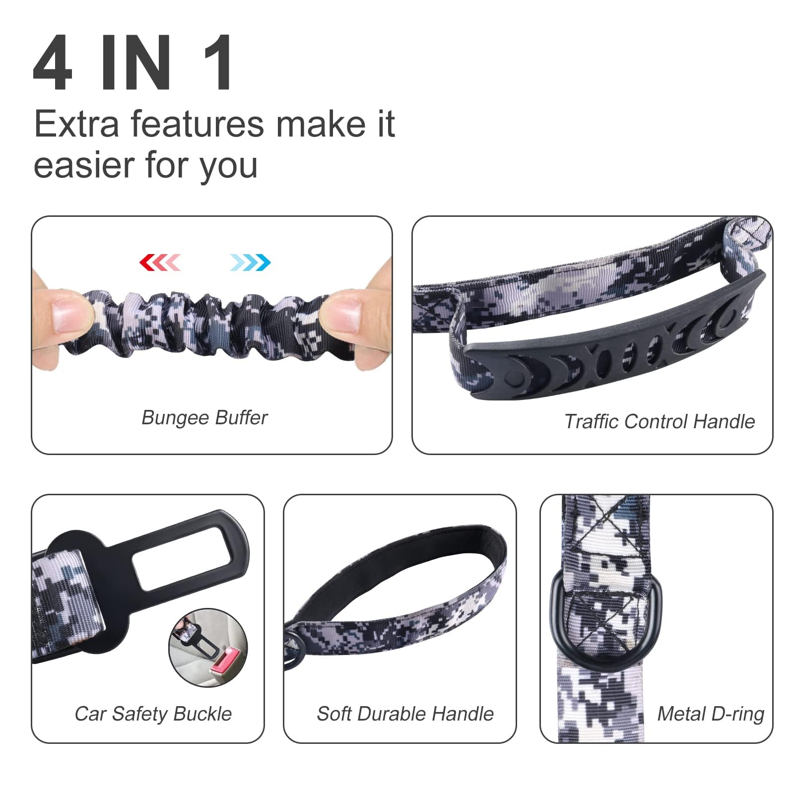 Hotsky Tactical Dog Leash Heavy Duty,4-6Ft Strong Bungee Shock Absorbing Lead With Padded Double Handle,Car Seatbelt,Metal Carab