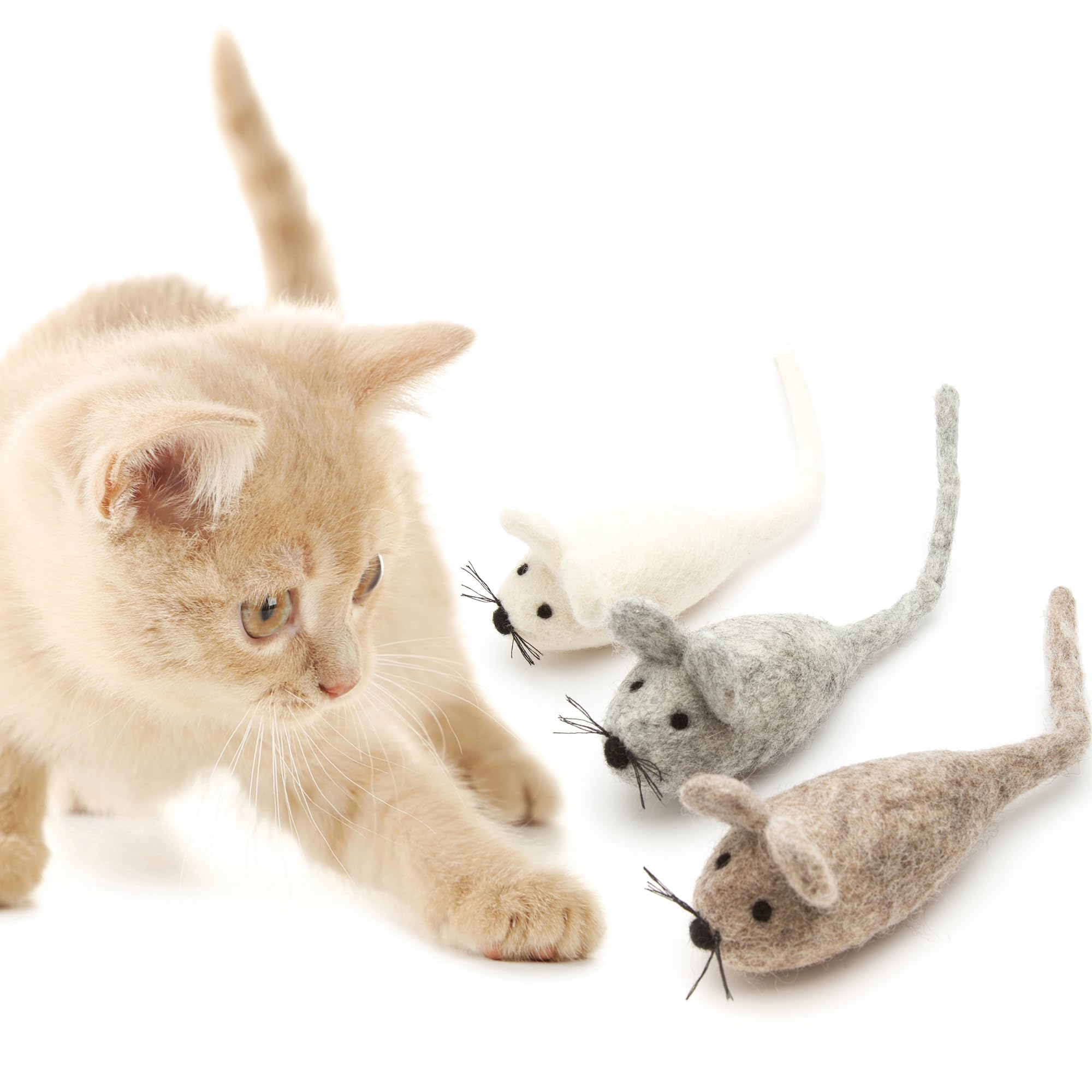Glaciart One Felt Mouse Cat Toy - 3 Pcs | Soft Fuzzy Enrichment 100% Natural Wool - Interactive Catnip Play Cat Toy Set - Safe F