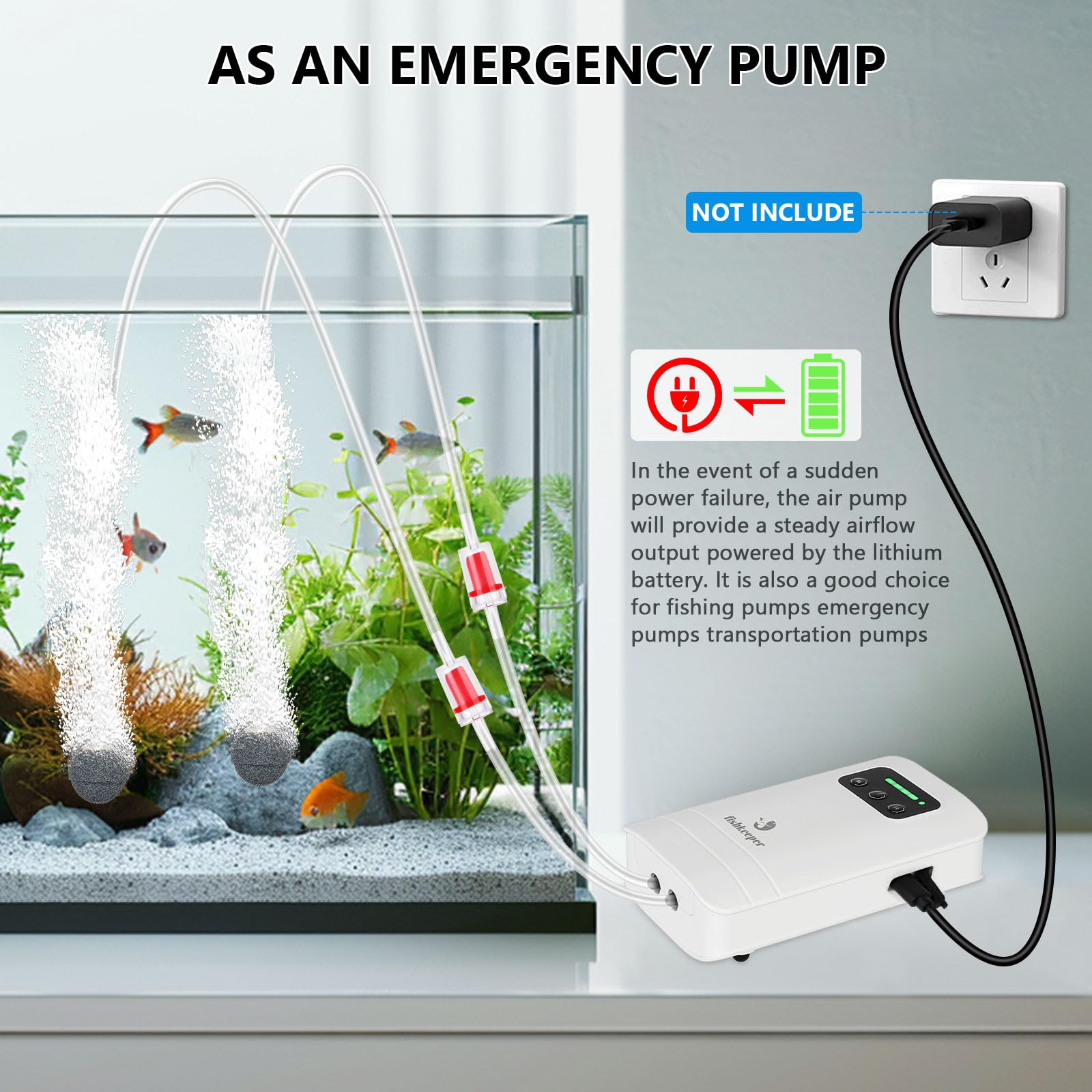 fishkeeper Battery Powered Aquarium Air Pump, USB Rechargeable Aerator Fish Tank Air Pump for 5-125 Gallons Portable Oxygen Pump