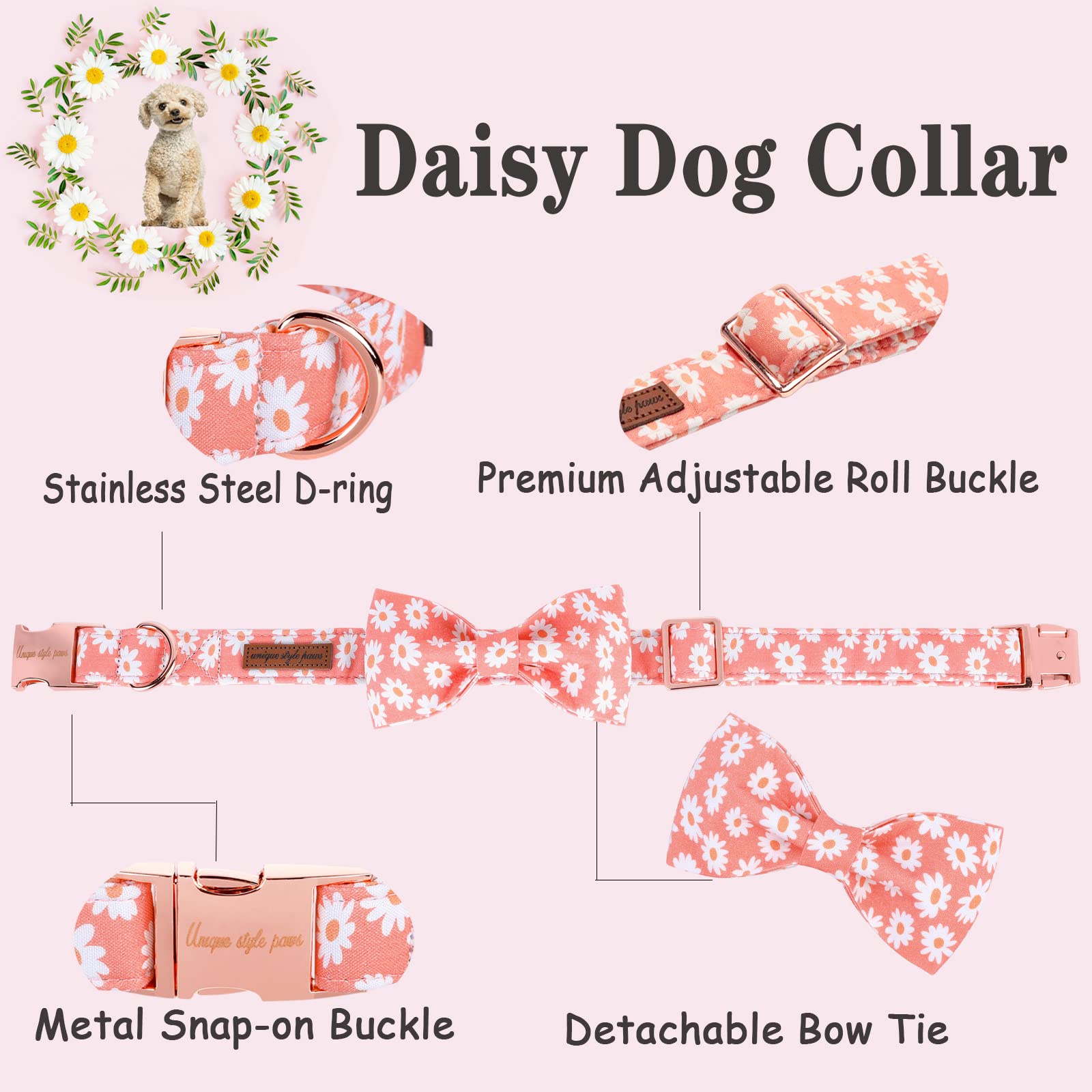 Unique Style Paws Dog Collar With Bow Tie Pink Daisy Summer Dog Collar For Small Medium Large Dogs With Adjustable Metal Buckle -M