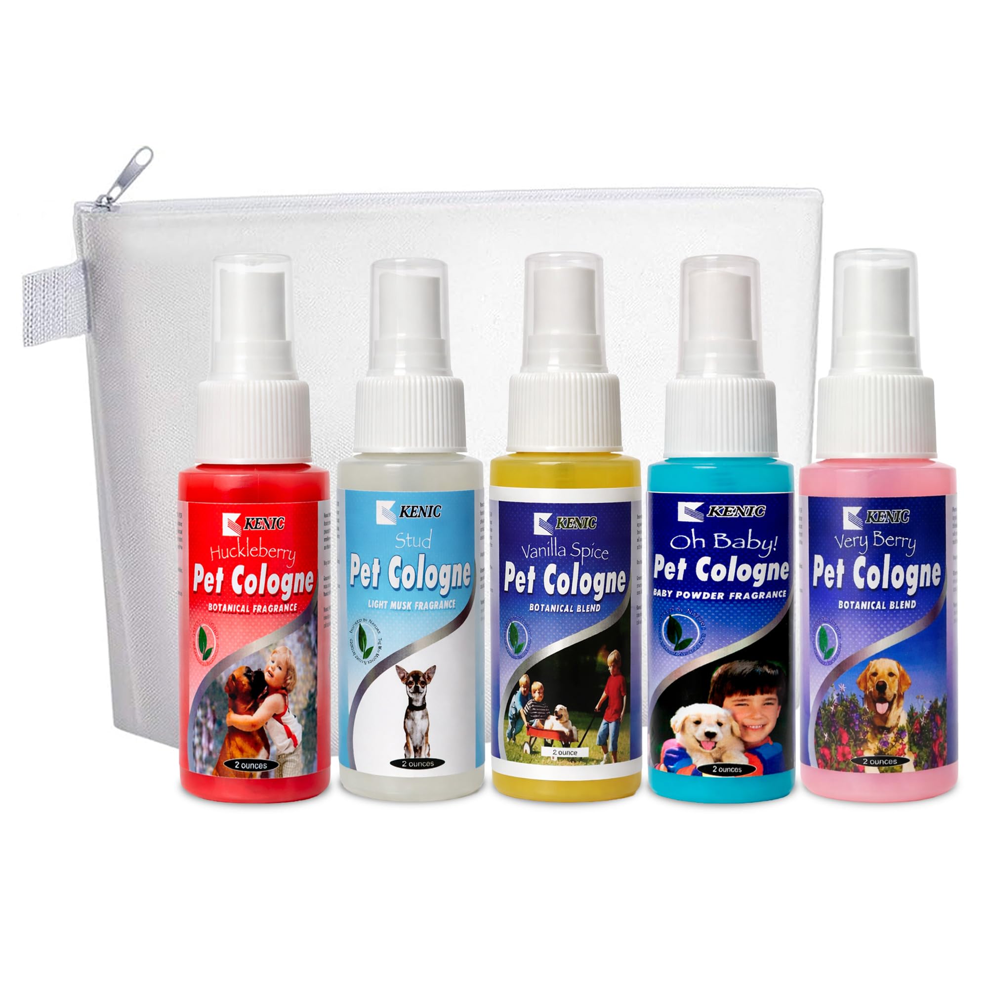 Kenic Mini Pet Cologne Variety Pack & Pouch, for Boy or Girl Dog, Cat & Small Animal, 5 Travel Size Deodorizing Sprays (Baby Pow