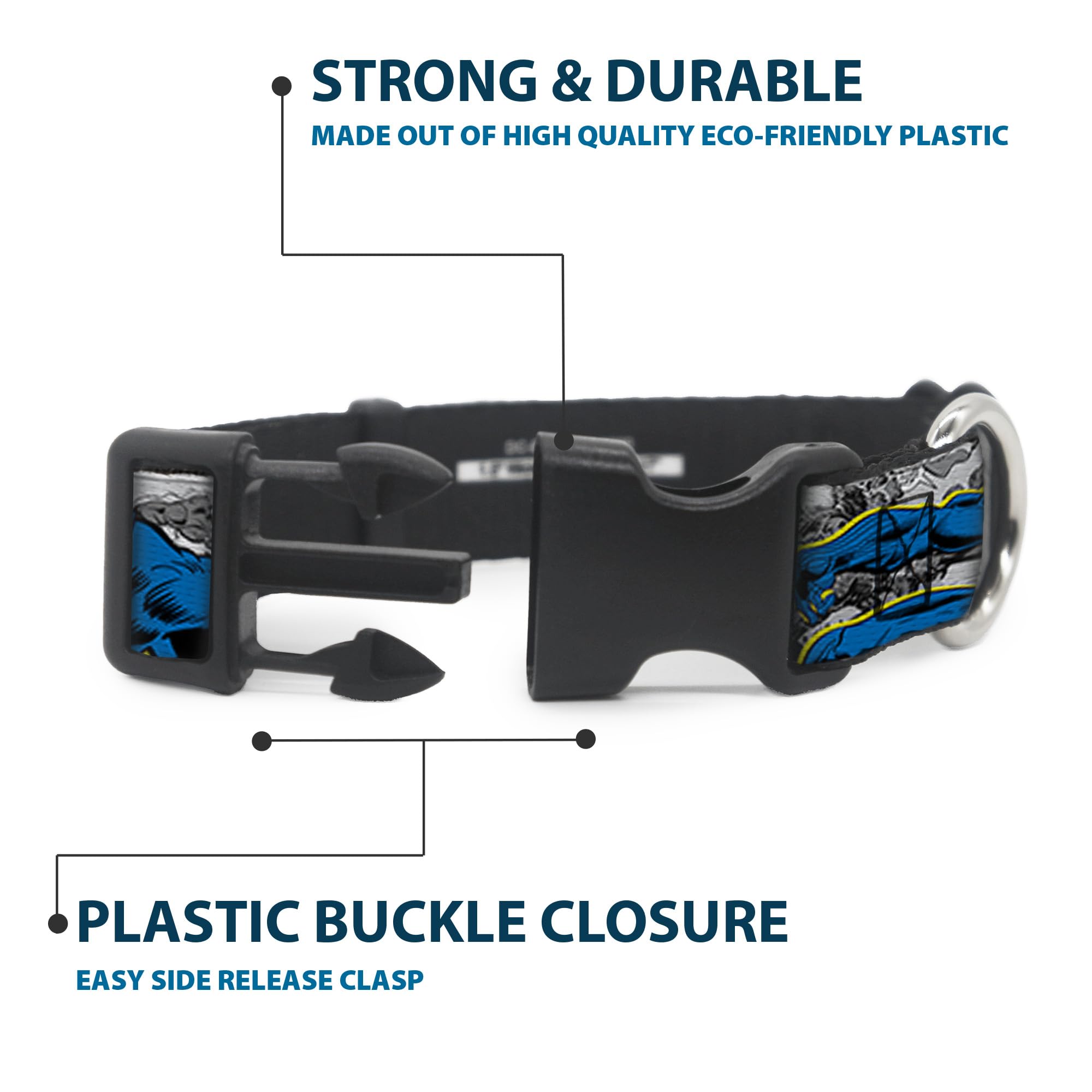Buckle-Down 'Black Panther Action Poses/Stacked Comics Grays/Yellow/Blue/Red' Plastic Clip Collar, 1/2' X 9-15'/Large