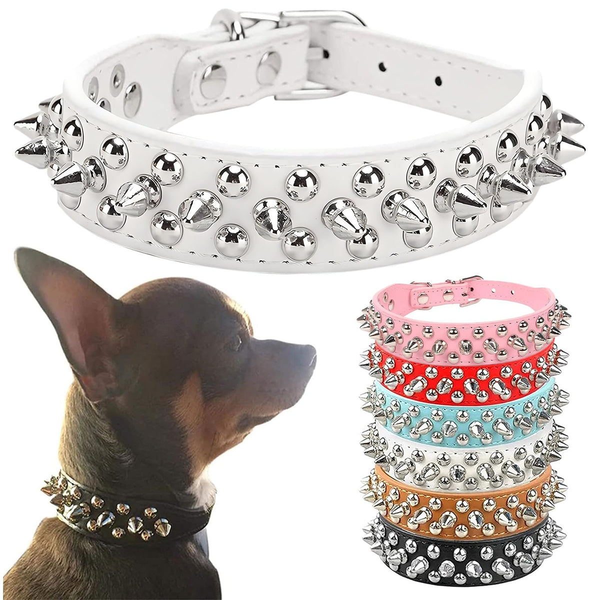 Petcare Spiked Dog Collar White Soft Pu Leather Funny Mushrooms Rivet Spike Studded Puppy Collar Adjustable Outdoor Pet Dog Coll