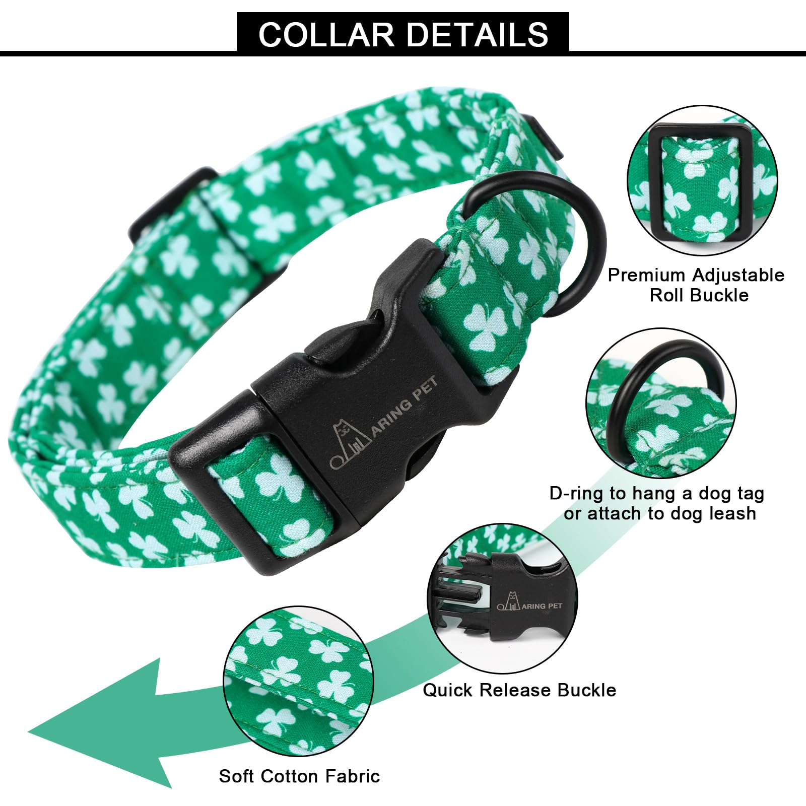 Aring Pet St Patrick'S Day Dog Collar-Cute Clovers Dog Collar, Adjustable Cotton Shamrock Pet Collar Trefoil Puppy Collars With
