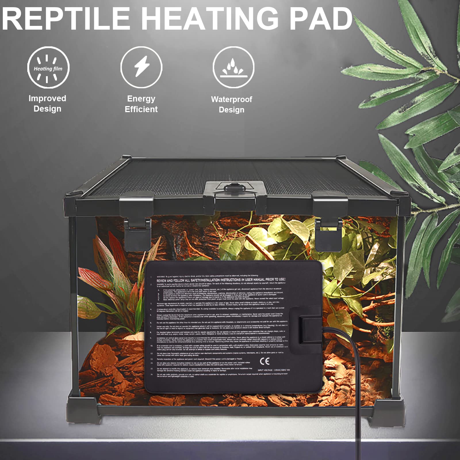 Aiicioo Reptile Heating Pad - Hermit Crab Heater Heat Mat For Reptiles Snake Lizard Terrarium 16 Watt