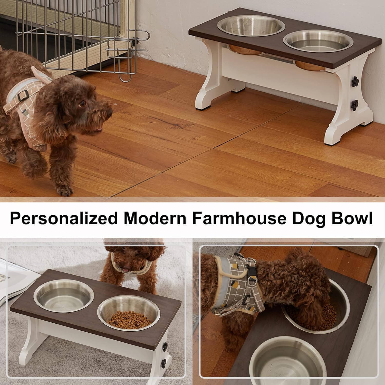 Piskyet Elevated Dog Bowls,Farmhouse Dog Bowls Stand, Raised Dog Bowl With 2 Stainless Steel Wooden Dog Bowl,3.5Cups8.5''H_30 Oz