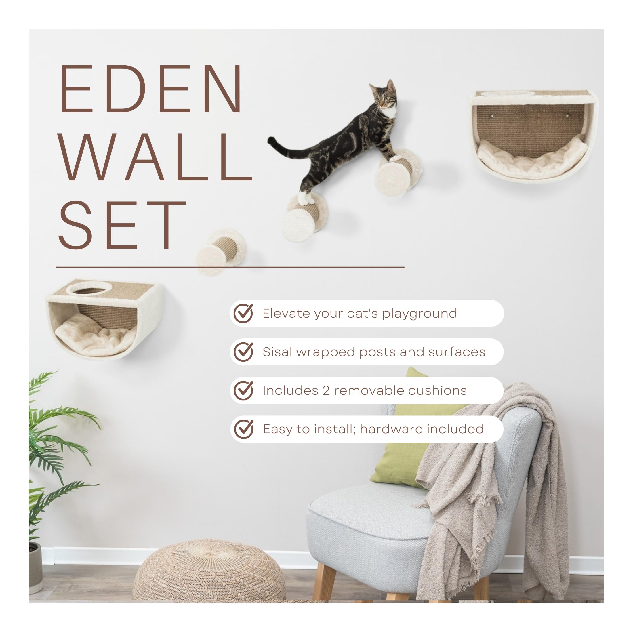 Trixie Eden Wall Mount Cat Tree 5Pc Set, 2 Condos And 3 Perches/Steps, Scratching Post, Brown