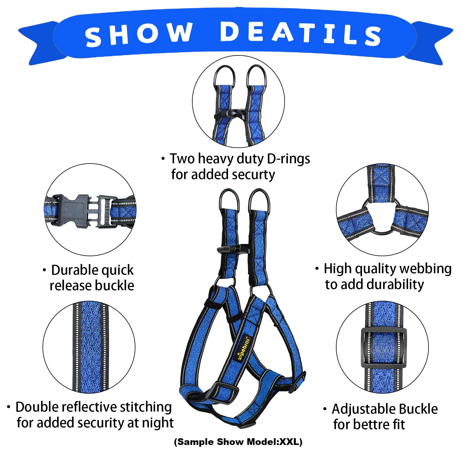 Xipebros Dog Harness,No Pull Dog Harness With Reflective Adjustable,Stops Pets From Pulling And Choking On Walks,Dog Harness For Large Dogs (Blue, Xxl)