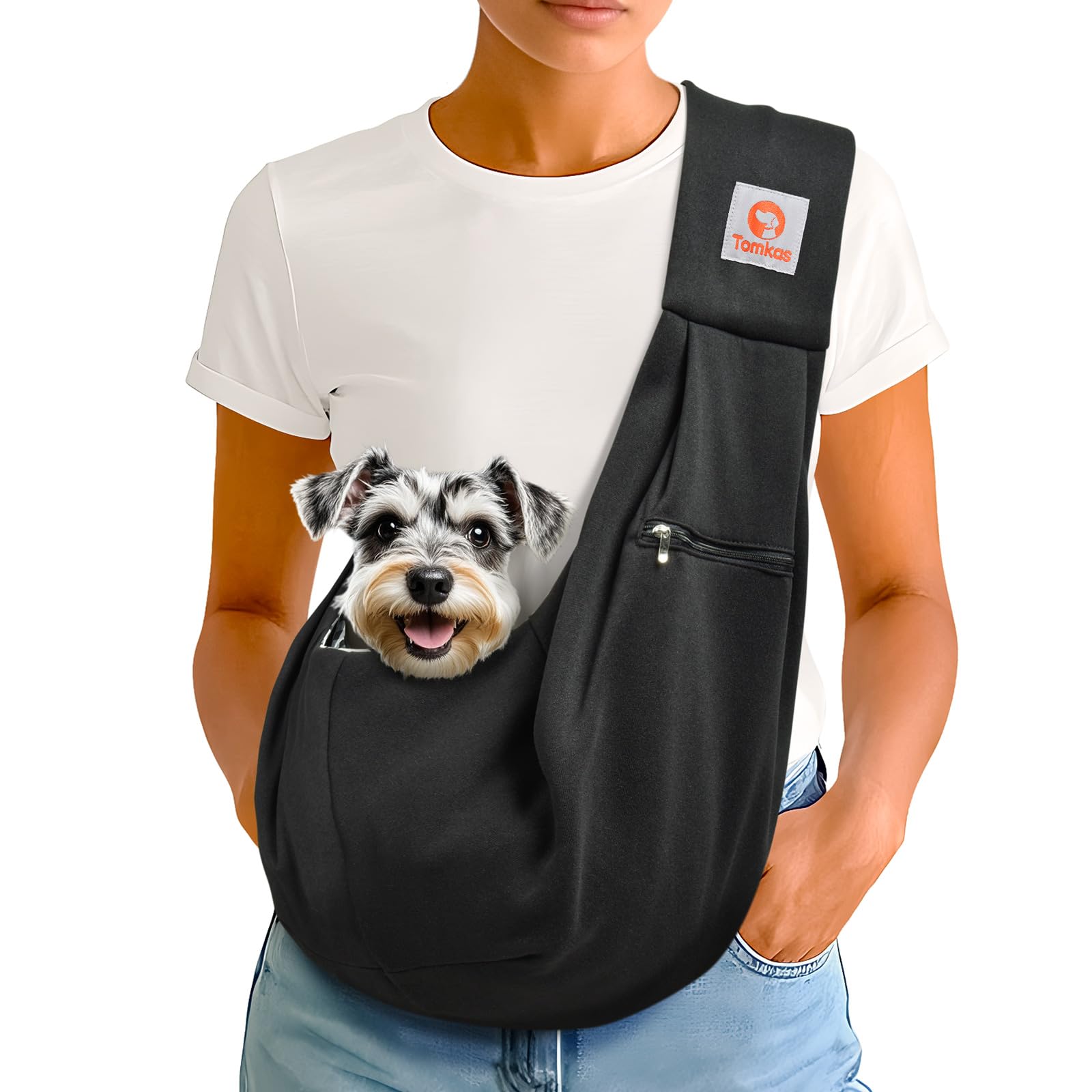 Tomkas Small Dog Sling Carrier - Zipper Pocket & Classic Strap - For 3-10 Lbs Pets(Black)
