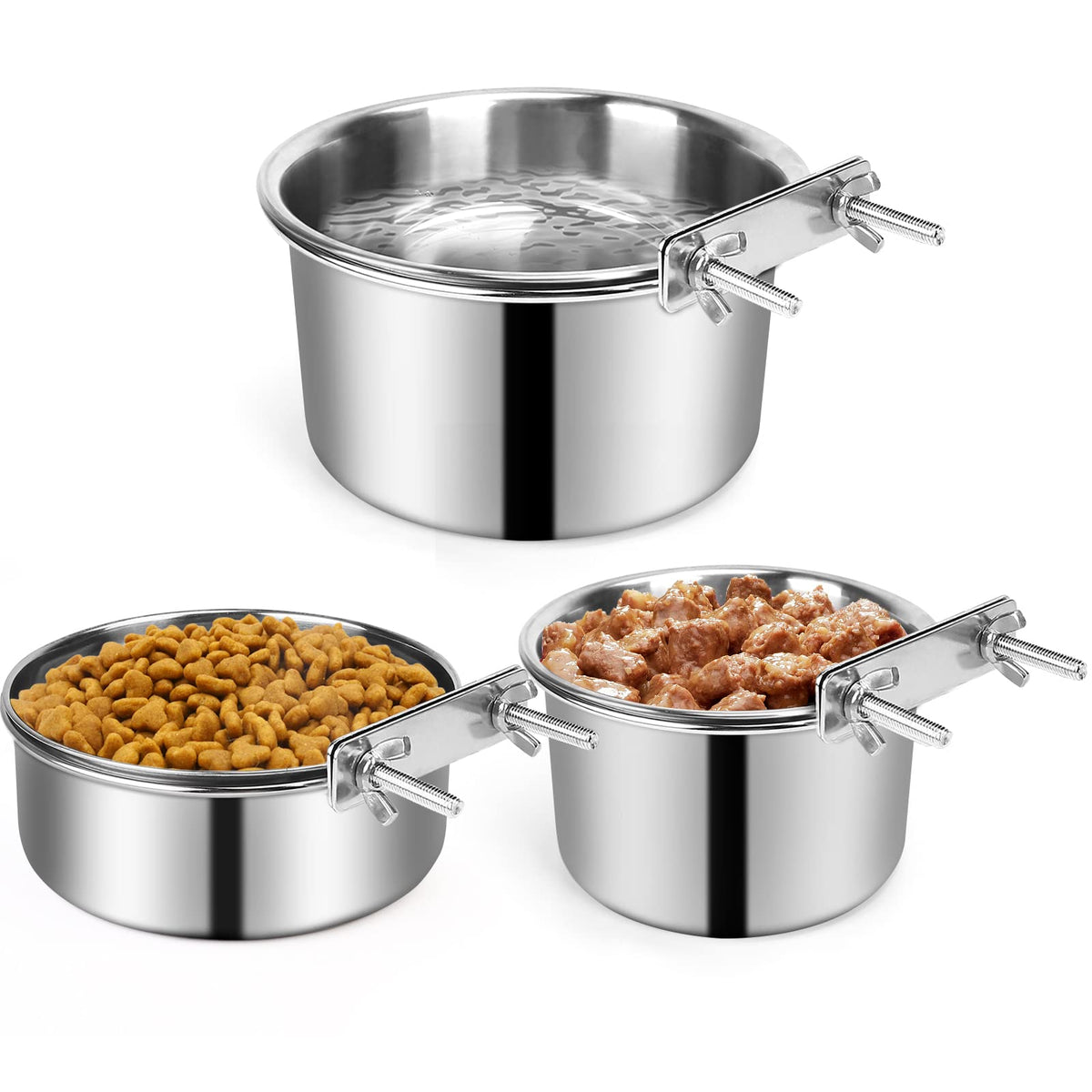 Dog Crate Water Bowl, 3 Pcs Stainless Steel Dog Bowls, Durable Anti-Spill Pet Metal Bowl For Cage Kennel Crate, Hanging Water/Fo