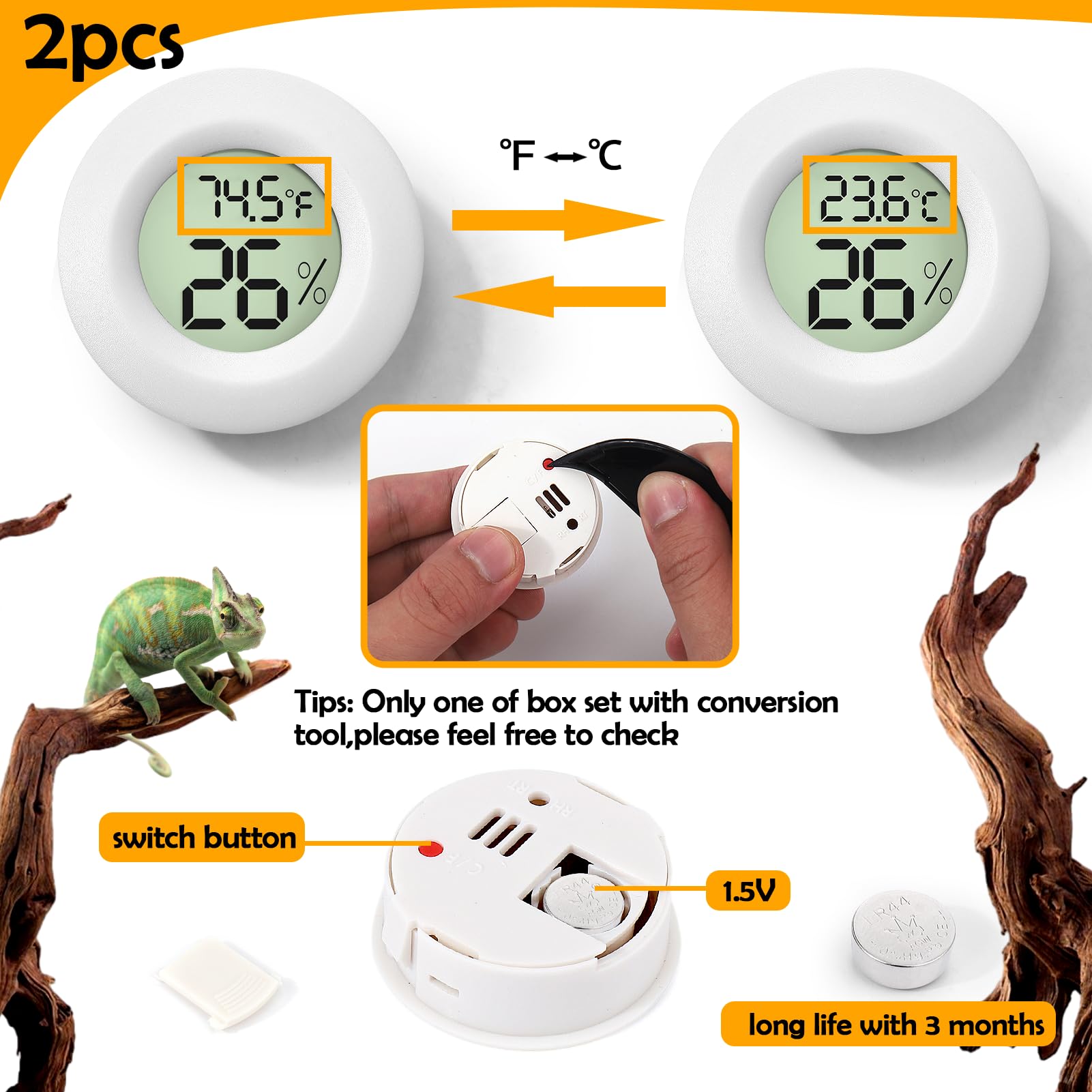 Bsresin 2 Pcs White Reptile Thermometer And Humidity Gauge For Bearded Dragon Tank Accessories, Reptile Tank Accessories For Jum