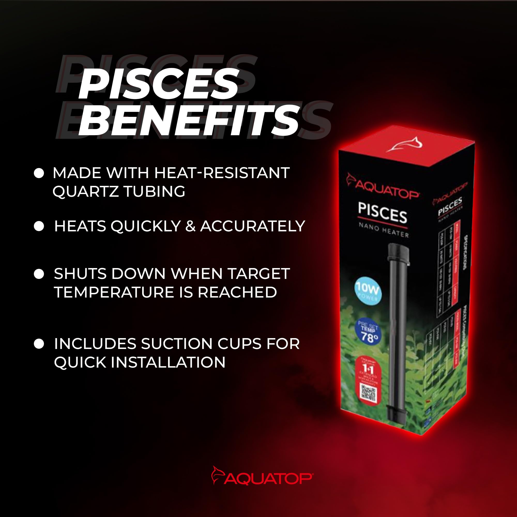 Aquatop 10W Pisces Nano Heater - Fully Submersible For Nano Fish Tanks Up To 3 Gallons Preset 78F Electric Thermostat Heat-Resis