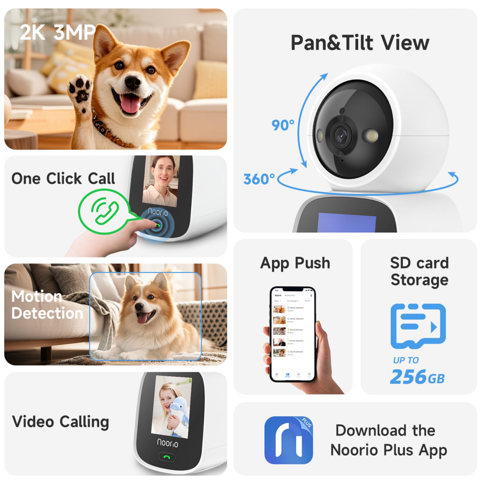 Noorio Two Way Video Calling Camera, 2K One Click Call Pet Camera Indoor with Phone App, 360 PTZ Dog Cam with Speaker, Color Nig