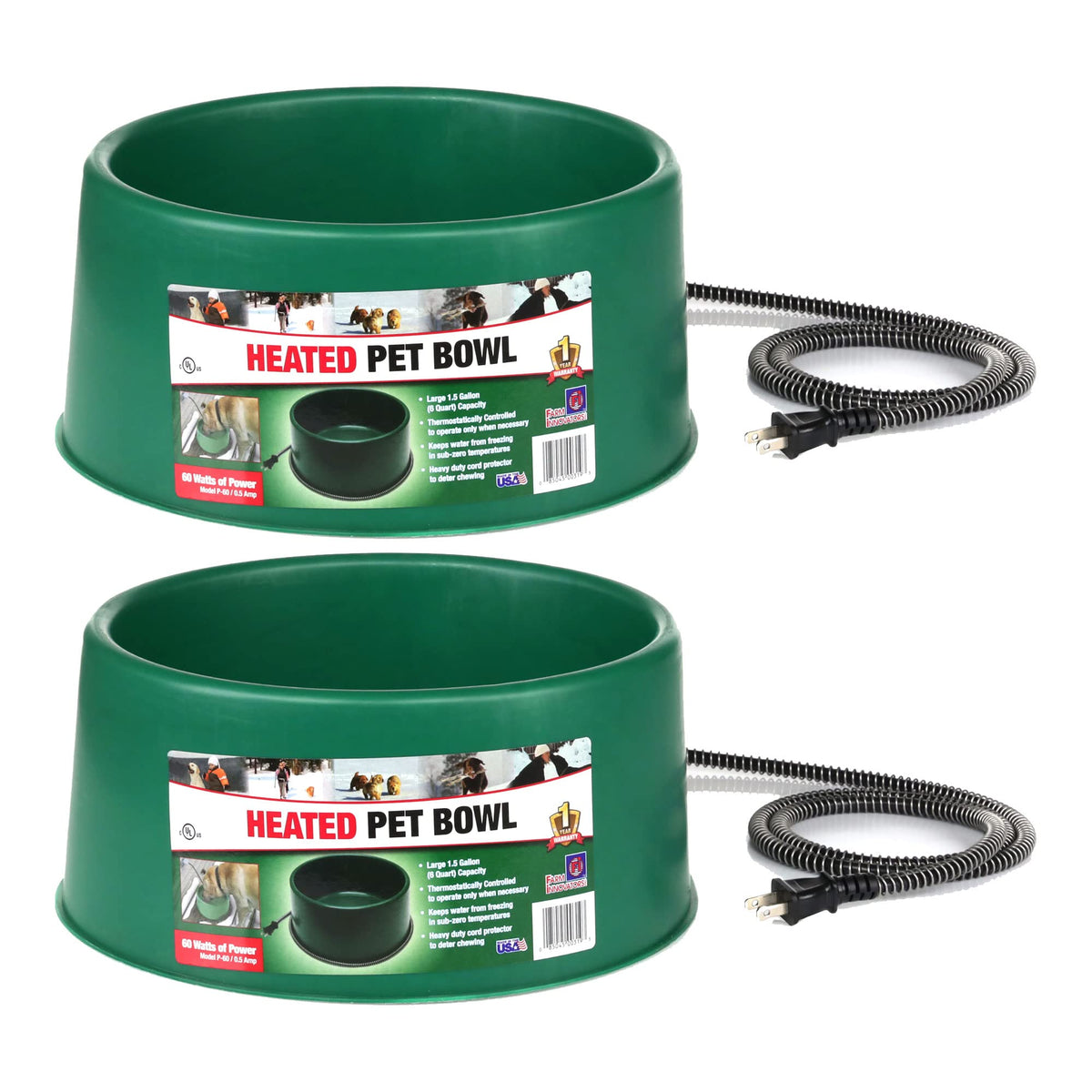 Farm Innovators P-60 1.5 Gallon 60 Watt Electric Heated Pet Water Bowl with Thermostatic Control and Anti Chew Cord, Green (2 Pa