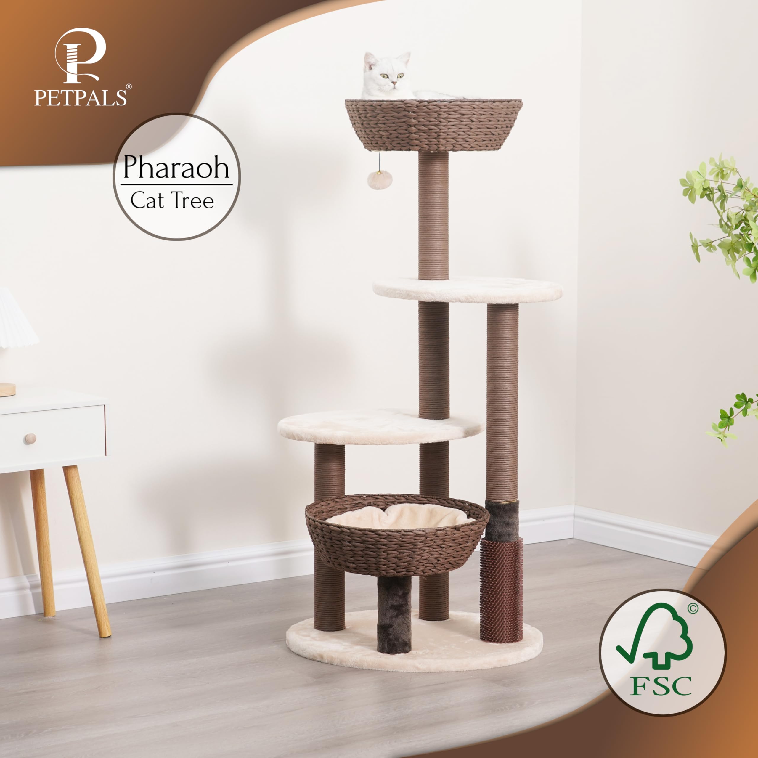 Petpals 48'High 5-Level Large Cat Tree With Handwoven Basket Beds, Multi-Level Platforms,Recycled Paper Rope Scratching Posts, Removeable Cushions, Teaser Toy & Massager For Multi Cats, Brown & Beige