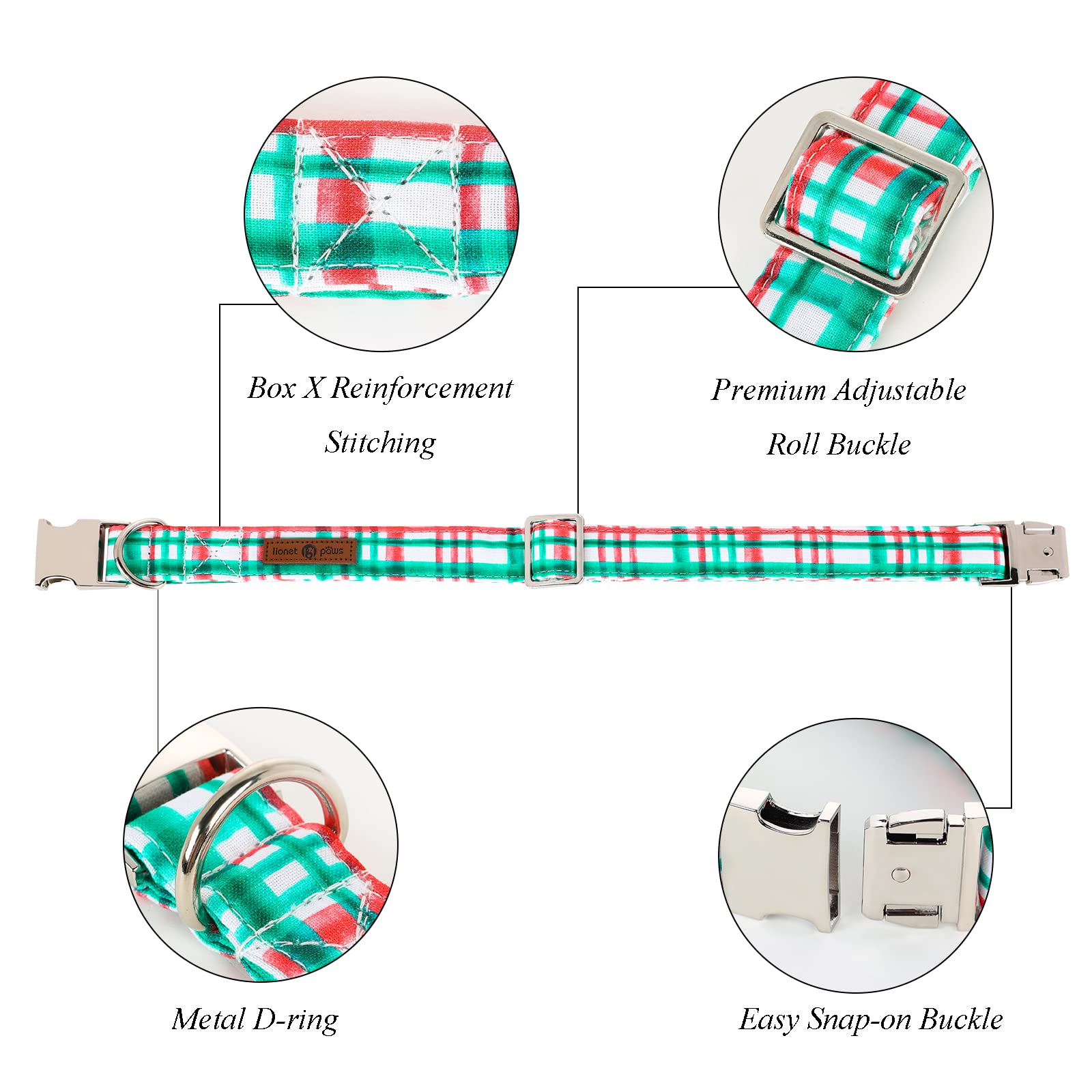 Lionet Paws Dog Collar With Bowtie, Detachable Bowtie For Dressing Up, Large, Red&Green Grid, Cotton, Buckle Closure, Ideal For